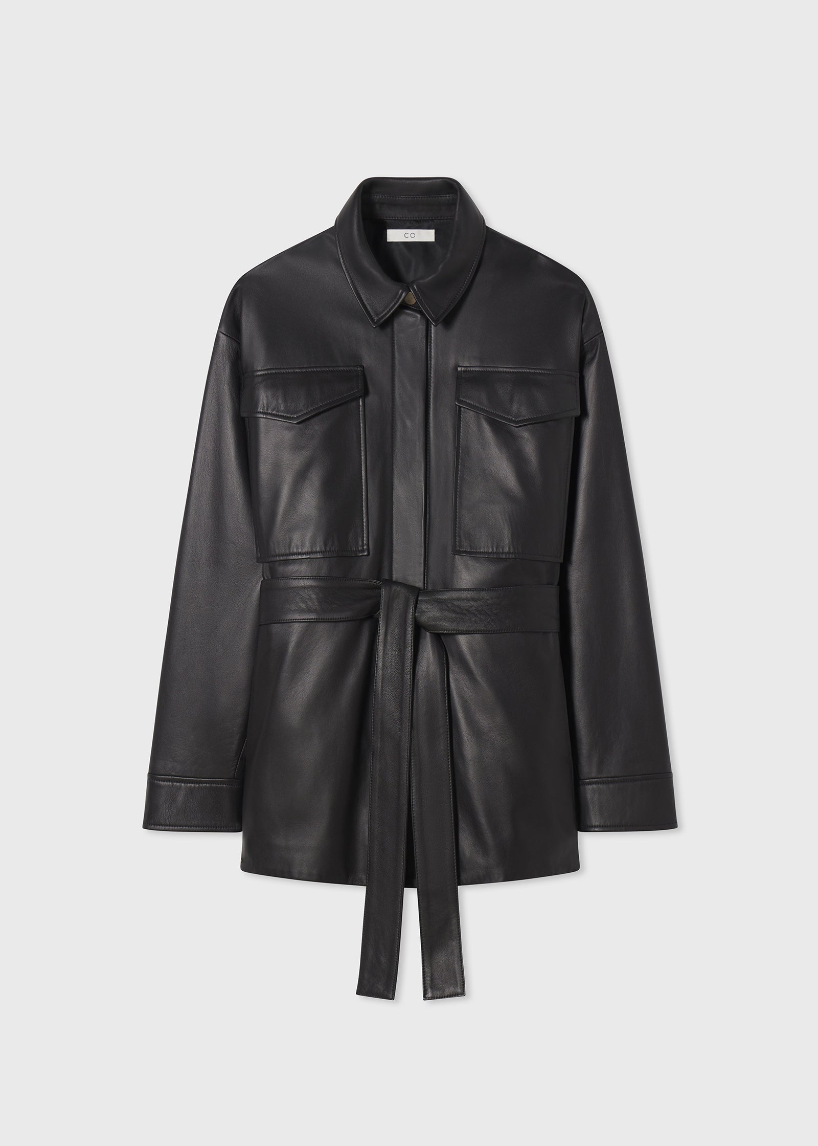 Belted Shirt Jacket in Lambskin Leather - Black - CO Collections