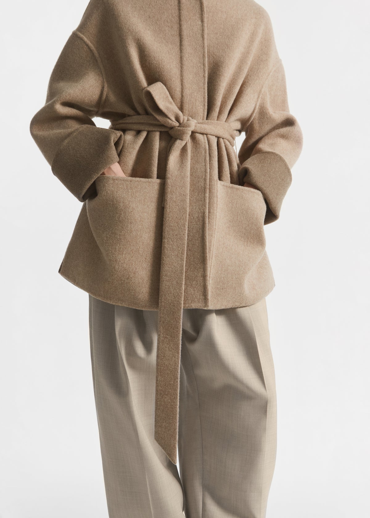 Double Faced Belted Jacket in Wool Cashmere - Taupe, image 2 of 5