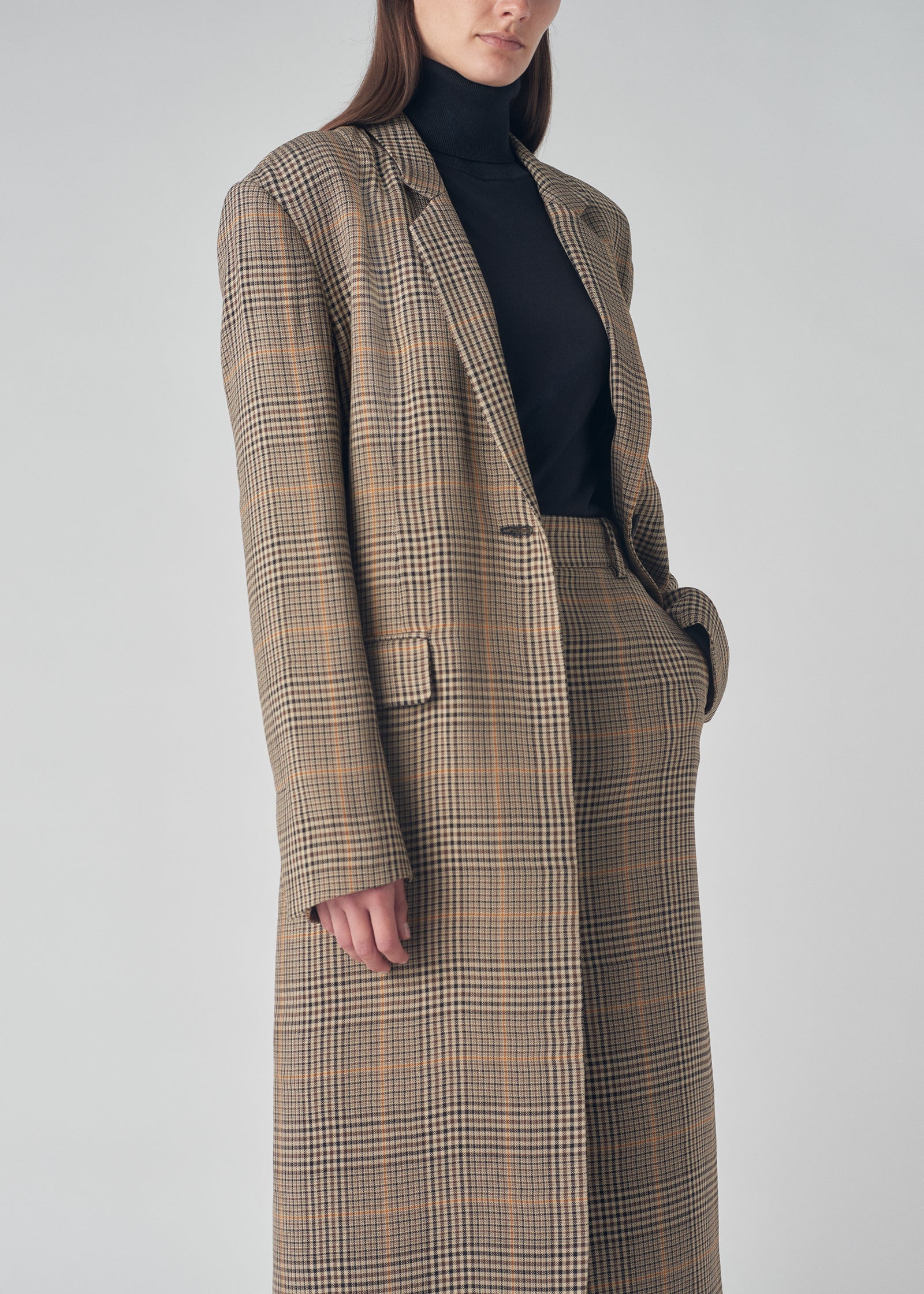 Straight Coat in Lightweight Tweed - Brown Plaid - CO Collections