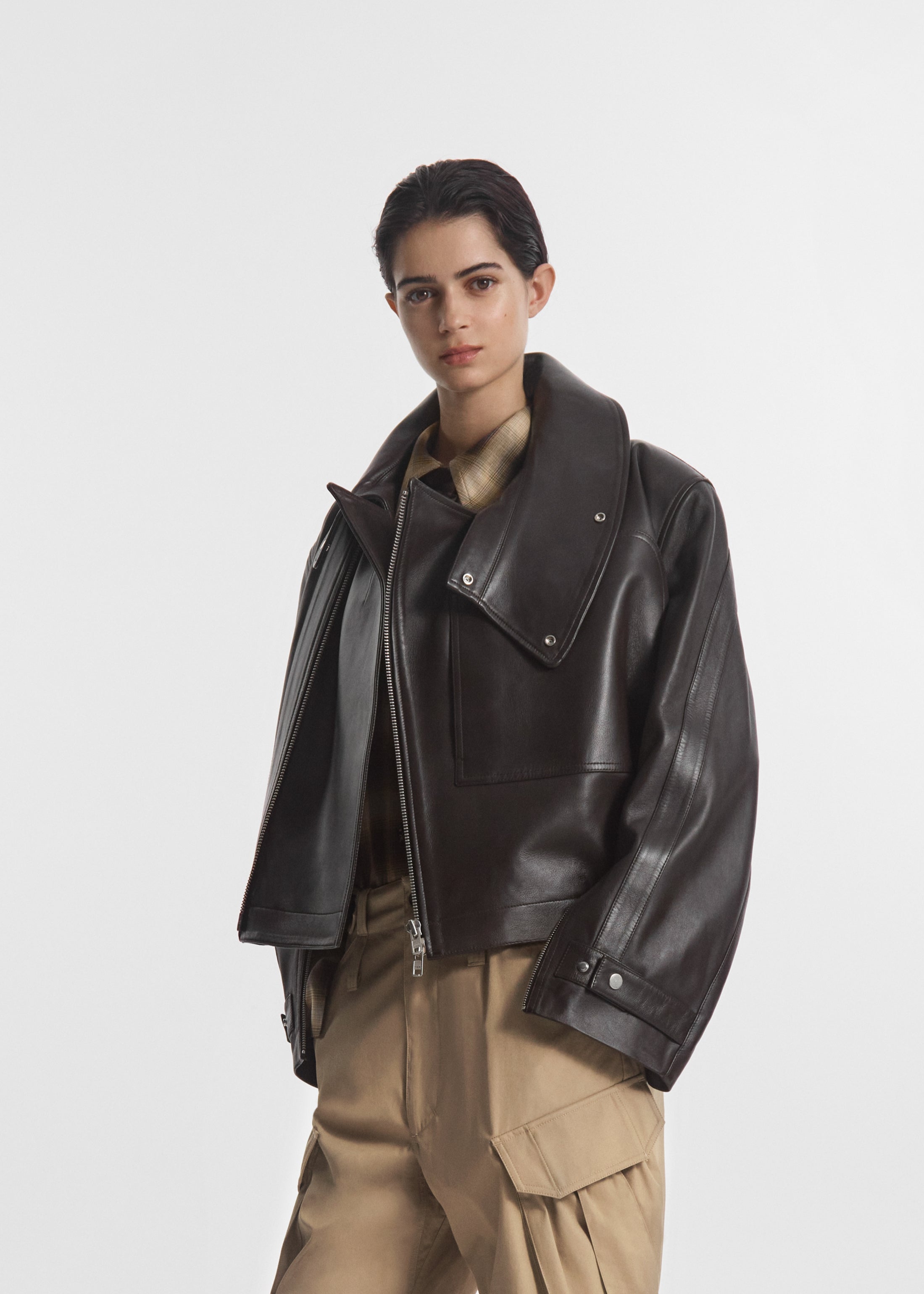 Flying Collar Moto Jacket in Leather - Chocolate