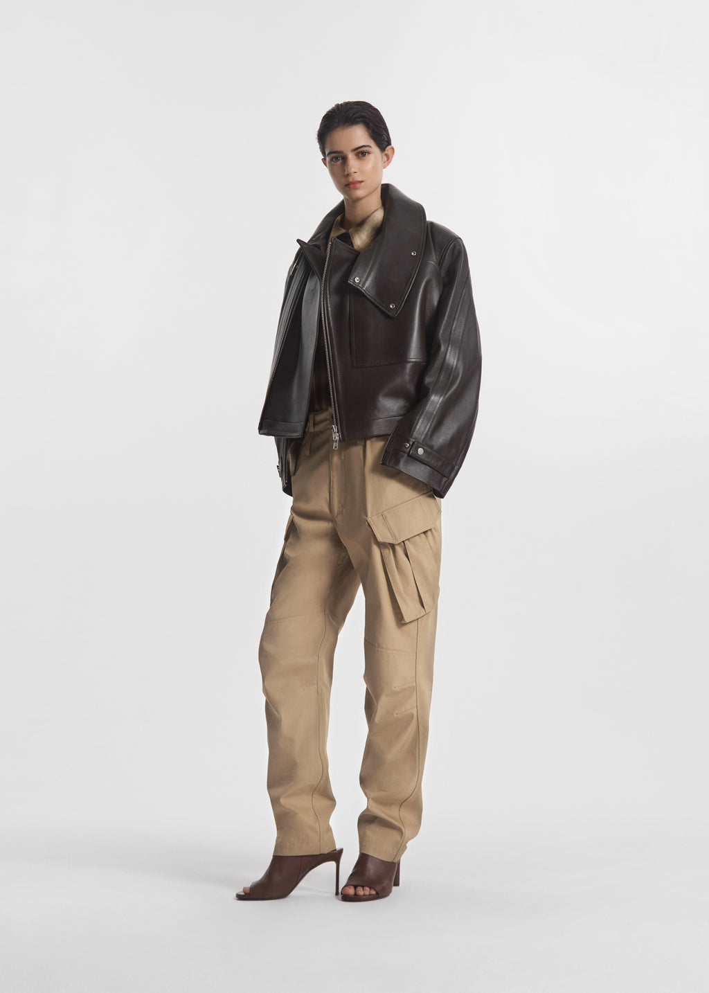 Flying Collar Moto Jacket in Leather - Chocolate - CO