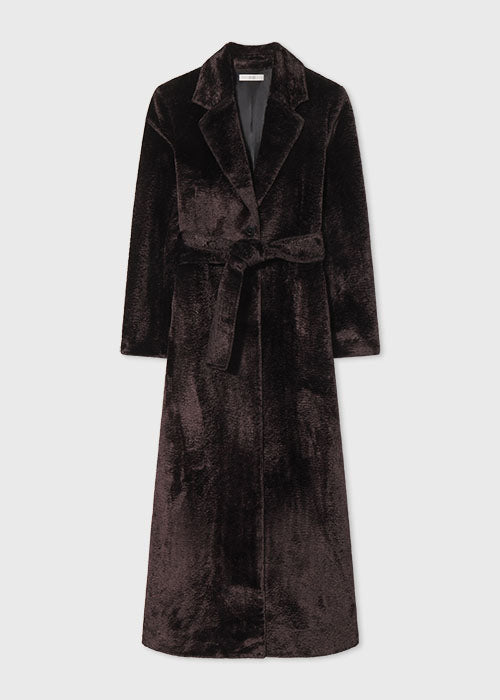 A-Line Belted Long Coat in Faux Astrakhan Dark Brown - CO Collections