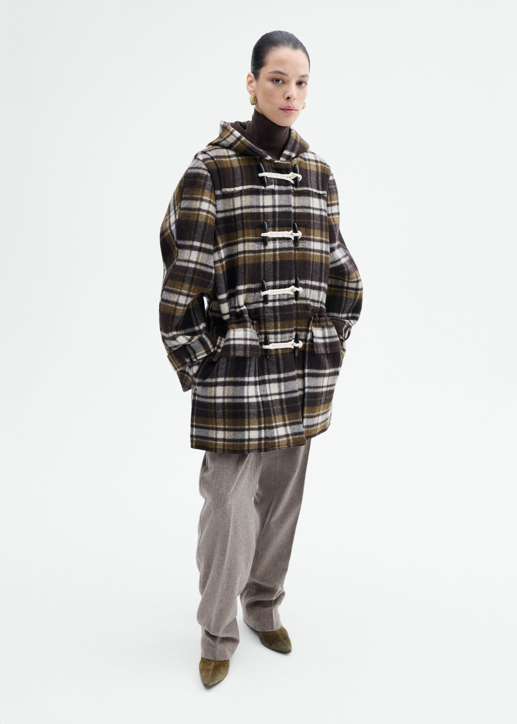 Checked Wool Duffle Coat - Brown Multi - CO