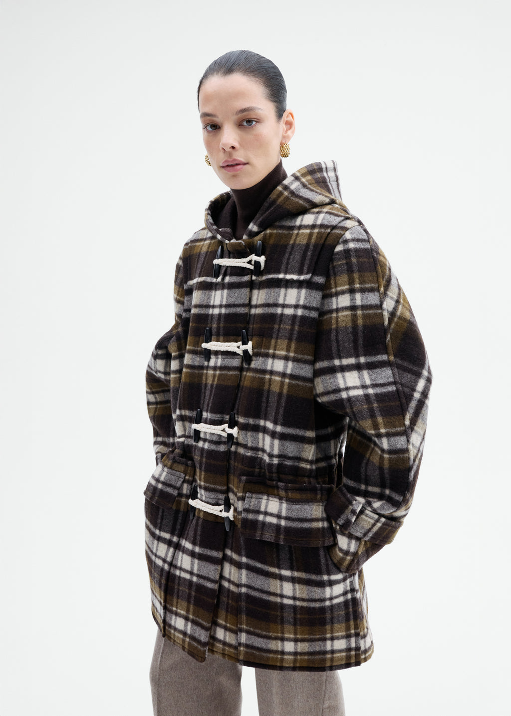 Checked Wool Duffle Coat - Brown Multi - CO