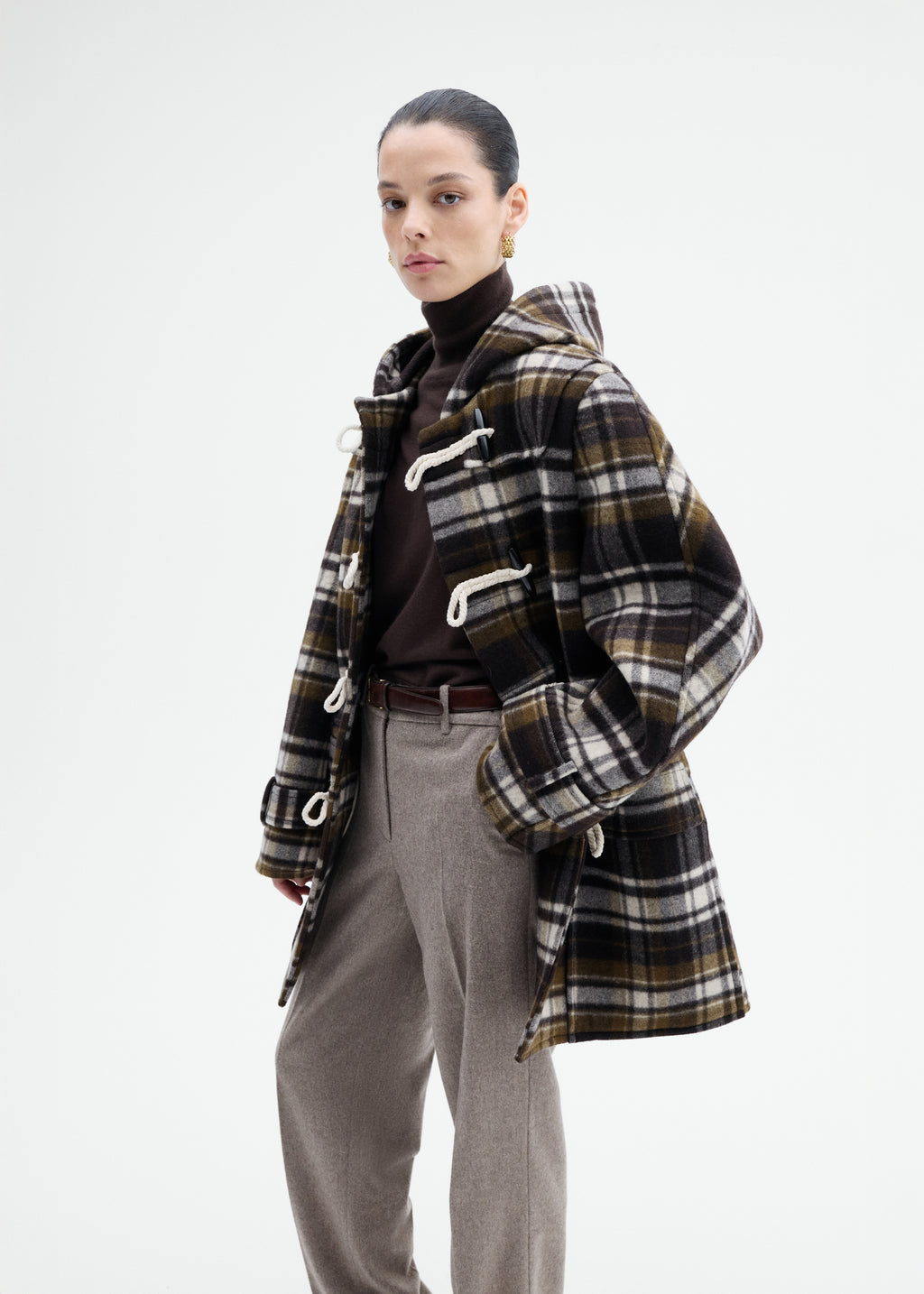 Checked Wool Duffle Coat - Brown Multi - CO