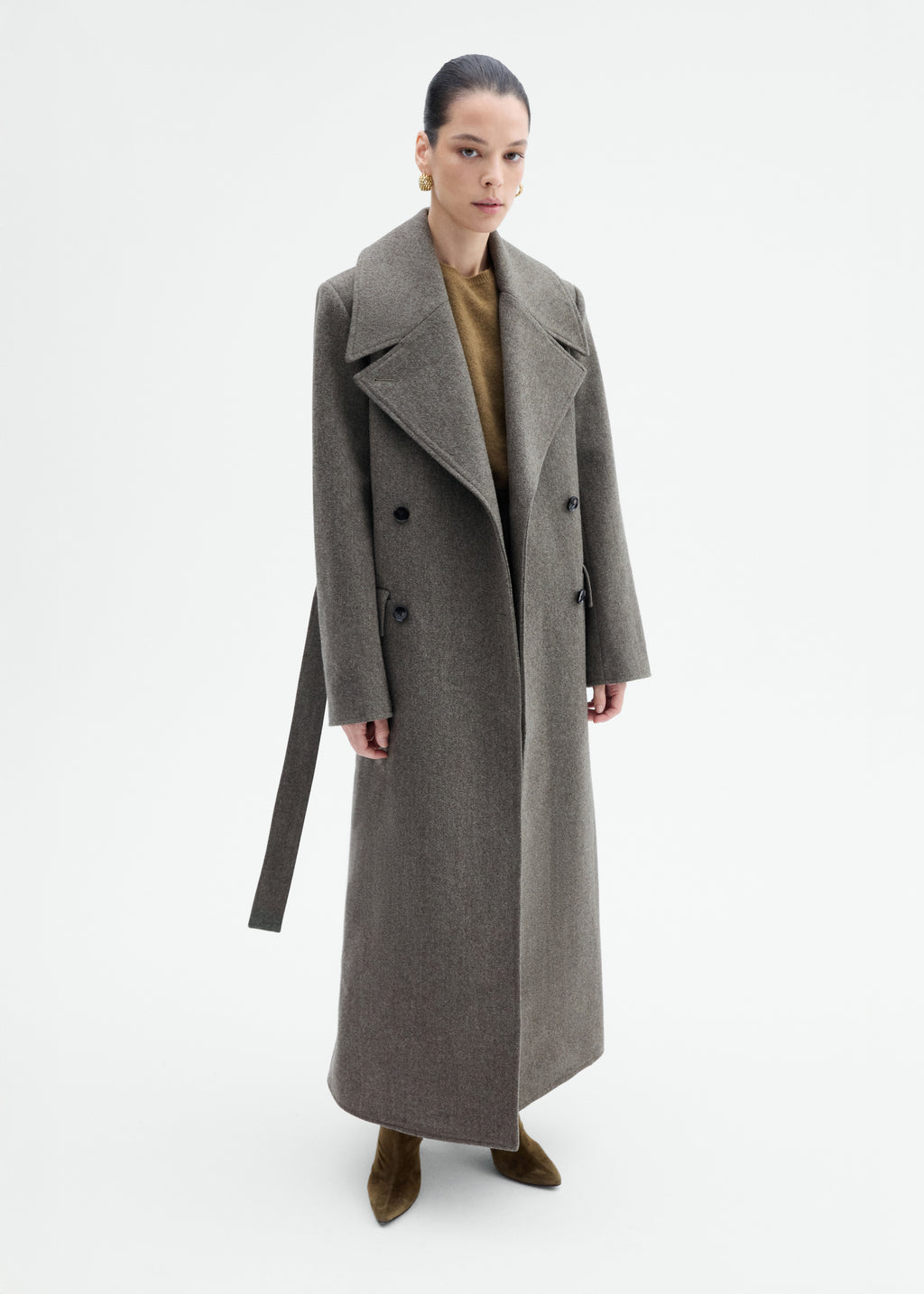Belted Peacoat in Melange Wool - Green - CO