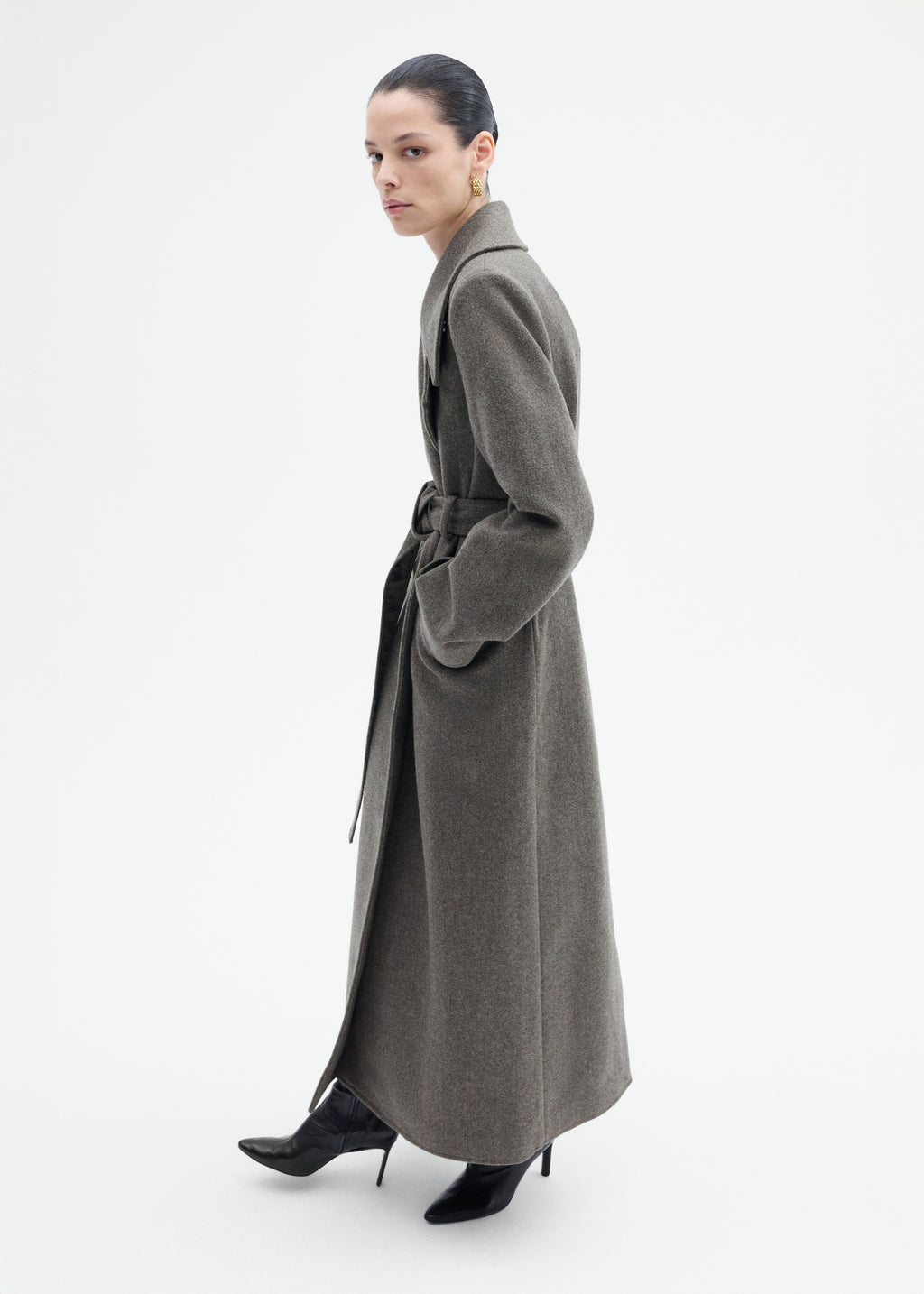 Belted Peacoat in Melange Wool - Green - CO