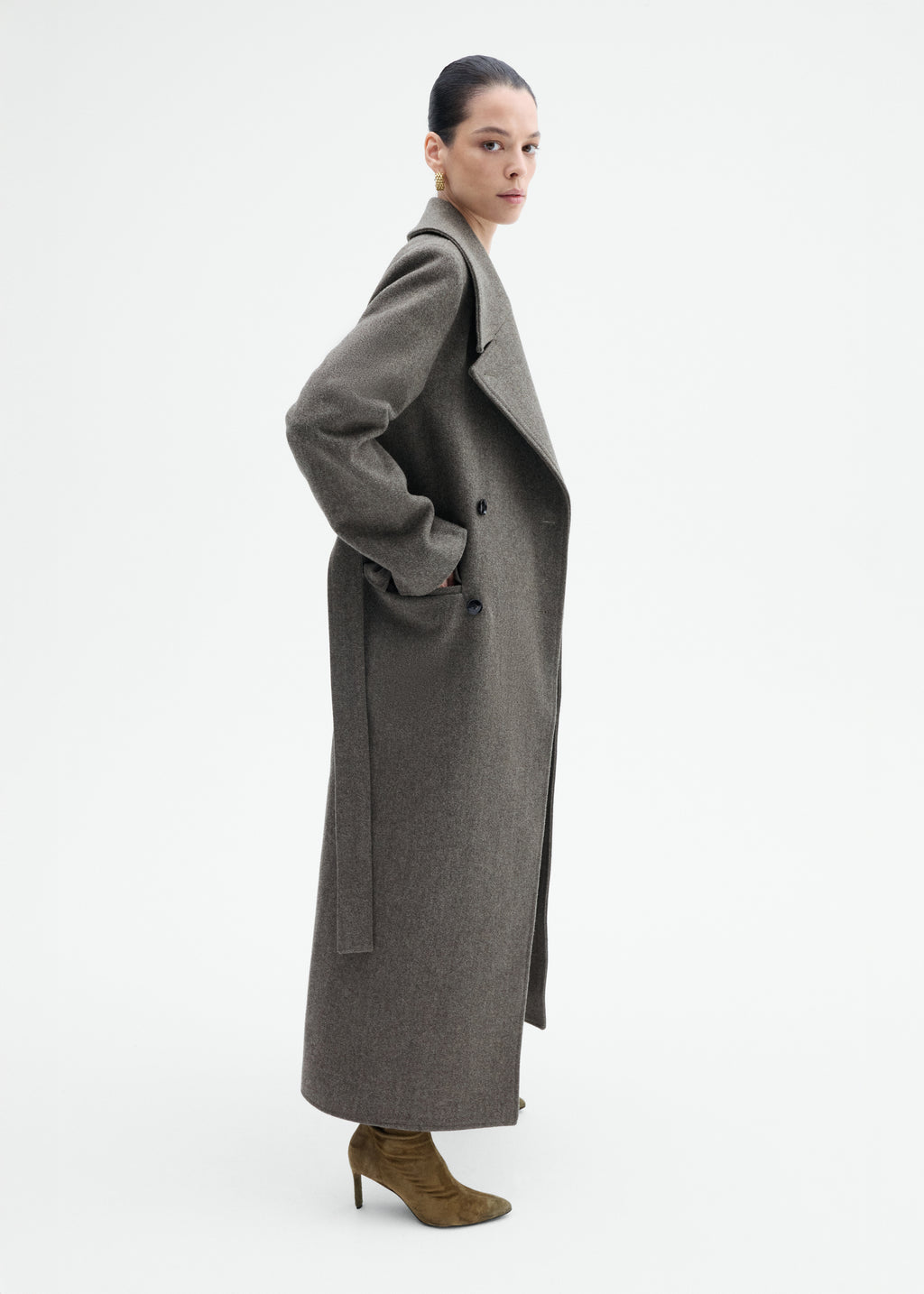 Belted Peacoat in Melange Wool - Green - CO