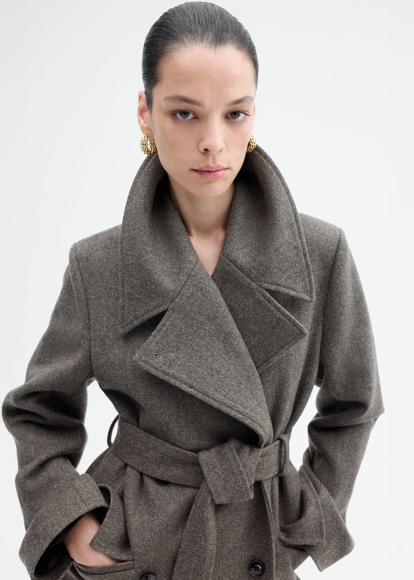 Belted Peacoat in Melange Wool - Green - CO