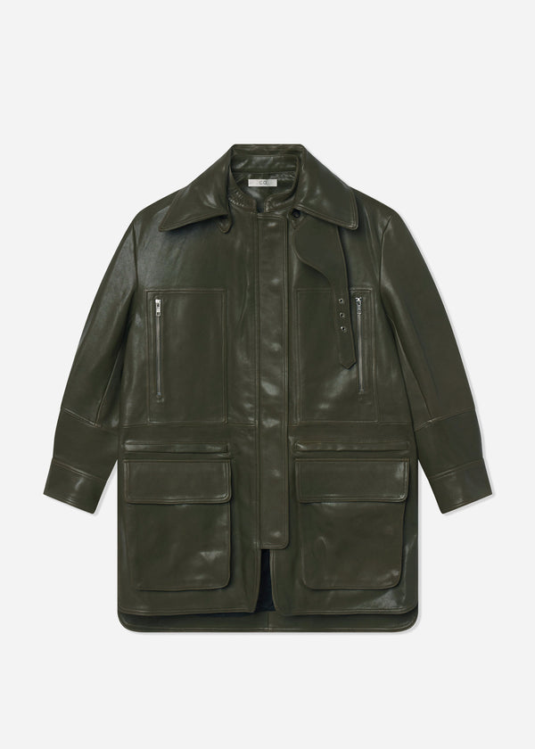 Oversized Field Jacket in Leather  - Olive - CO