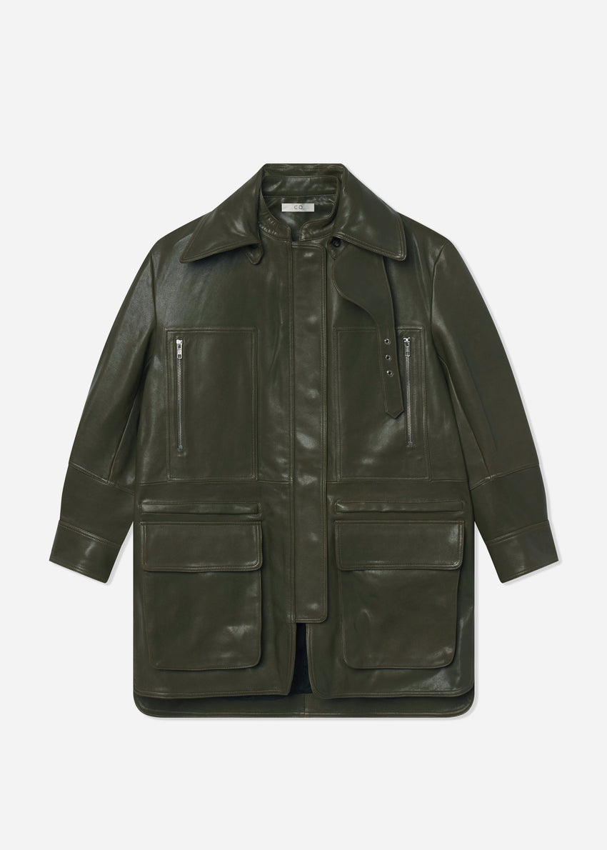 Oversized Field Jacket in Leather - Olive | CO