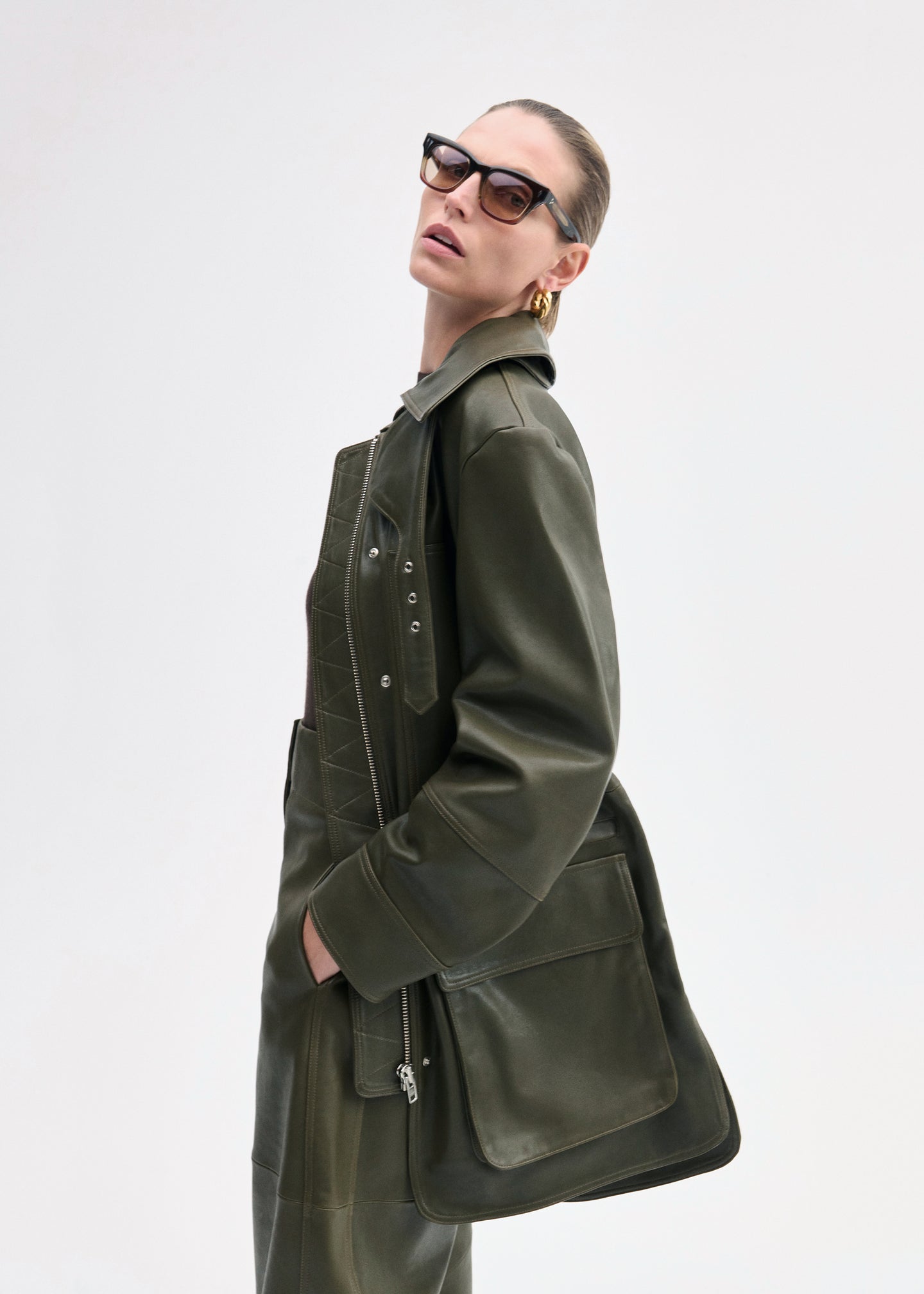 Oversized Field Jacket in Leather  - Olive - CO