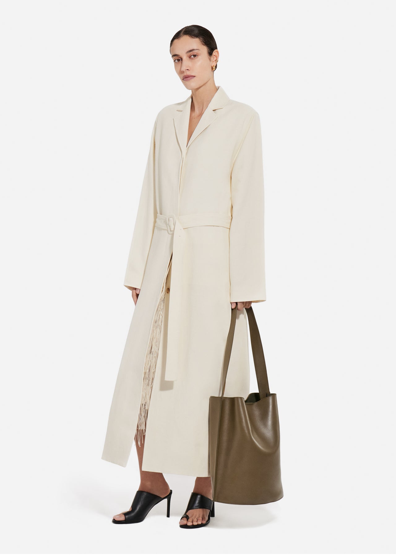 Belted Notch Collar Coat in Viscose Linen - Pearl - CO