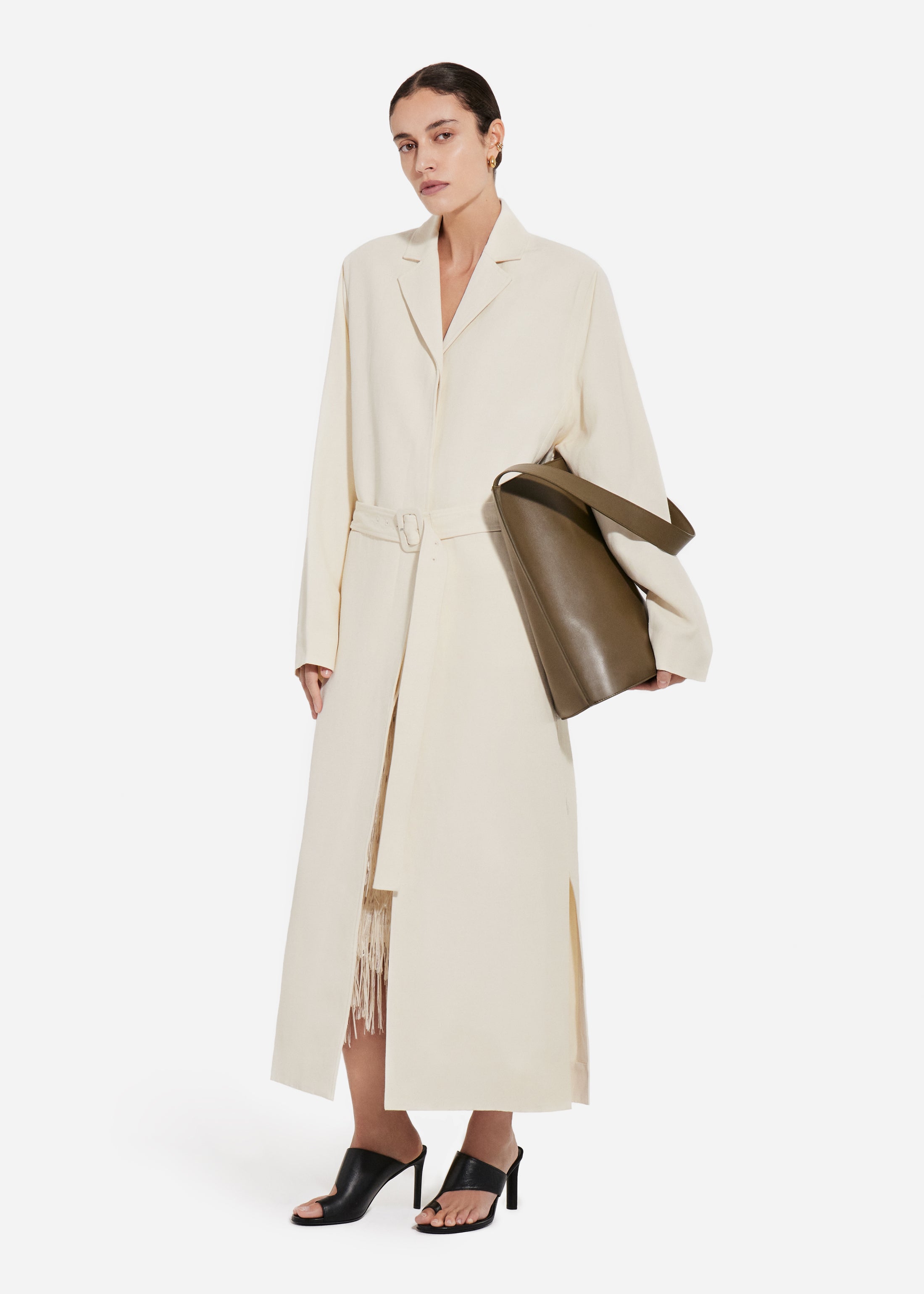 Belted Notch Collar Coat in Viscose Linen - Pearl