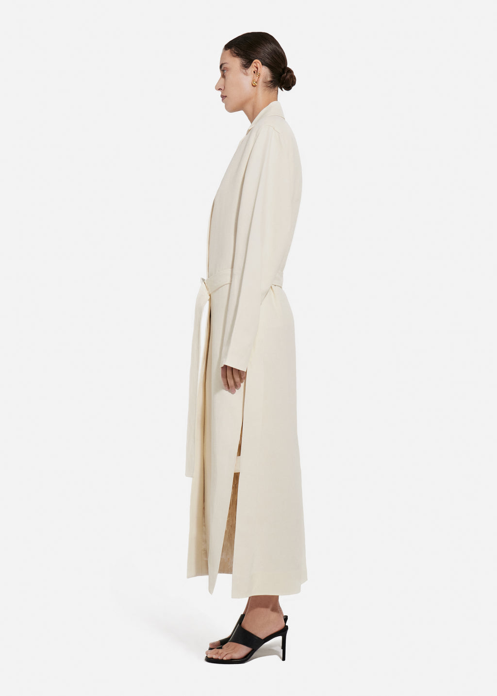 Belted Notch Collar Coat in Viscose Linen - Pearl - CO