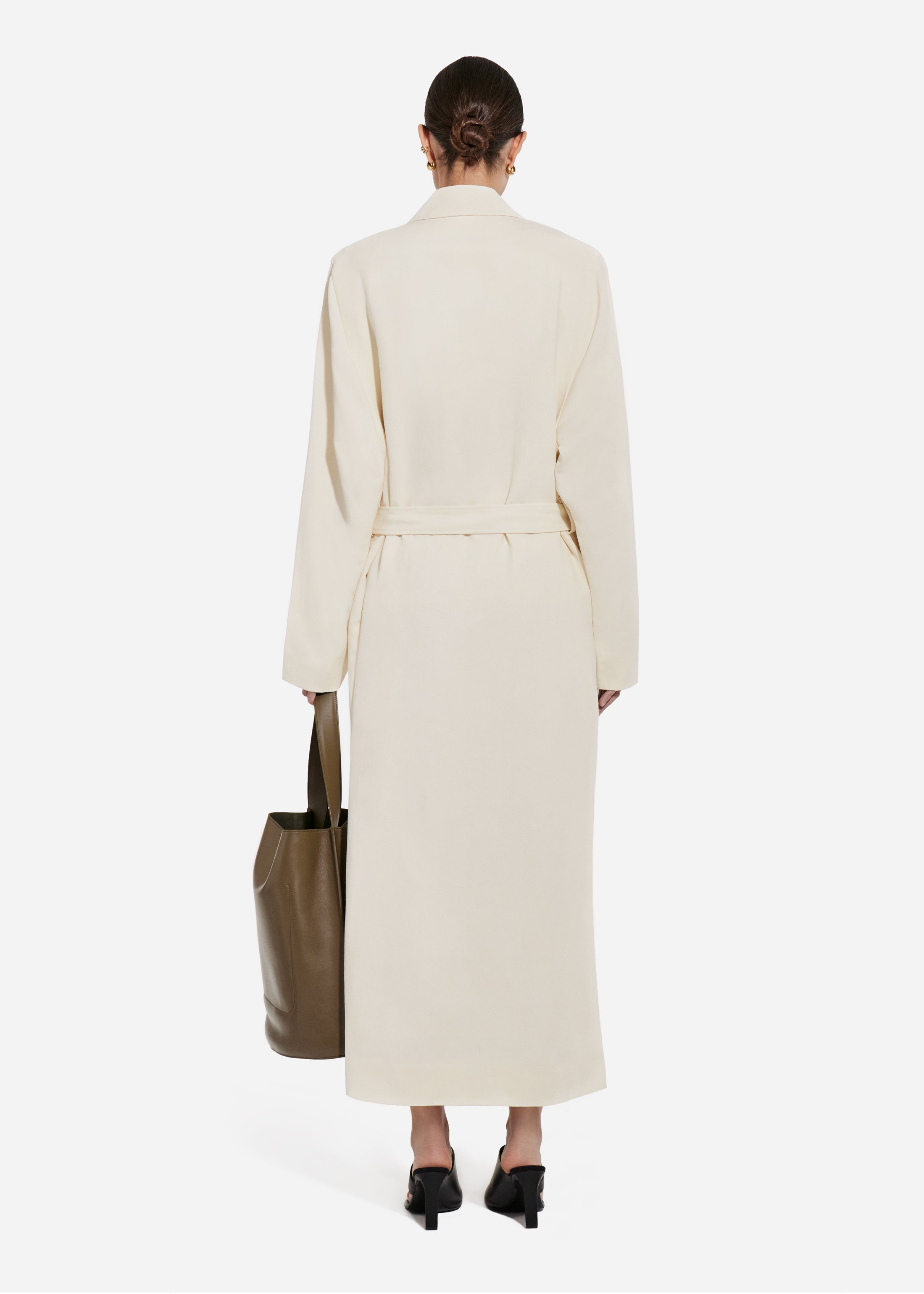 Belted Notch Collar Coat in Viscose Linen - Pearl