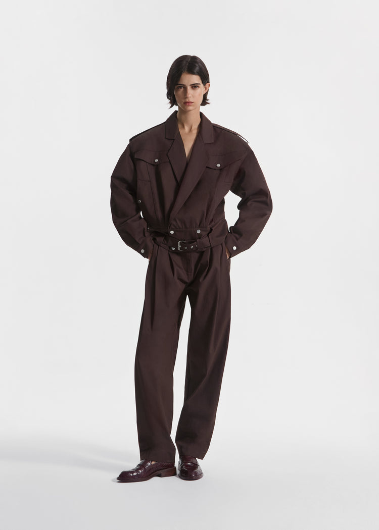 Wide Leg Pleated Pants in Cotton Twill - Chocolate, image 3 of 6