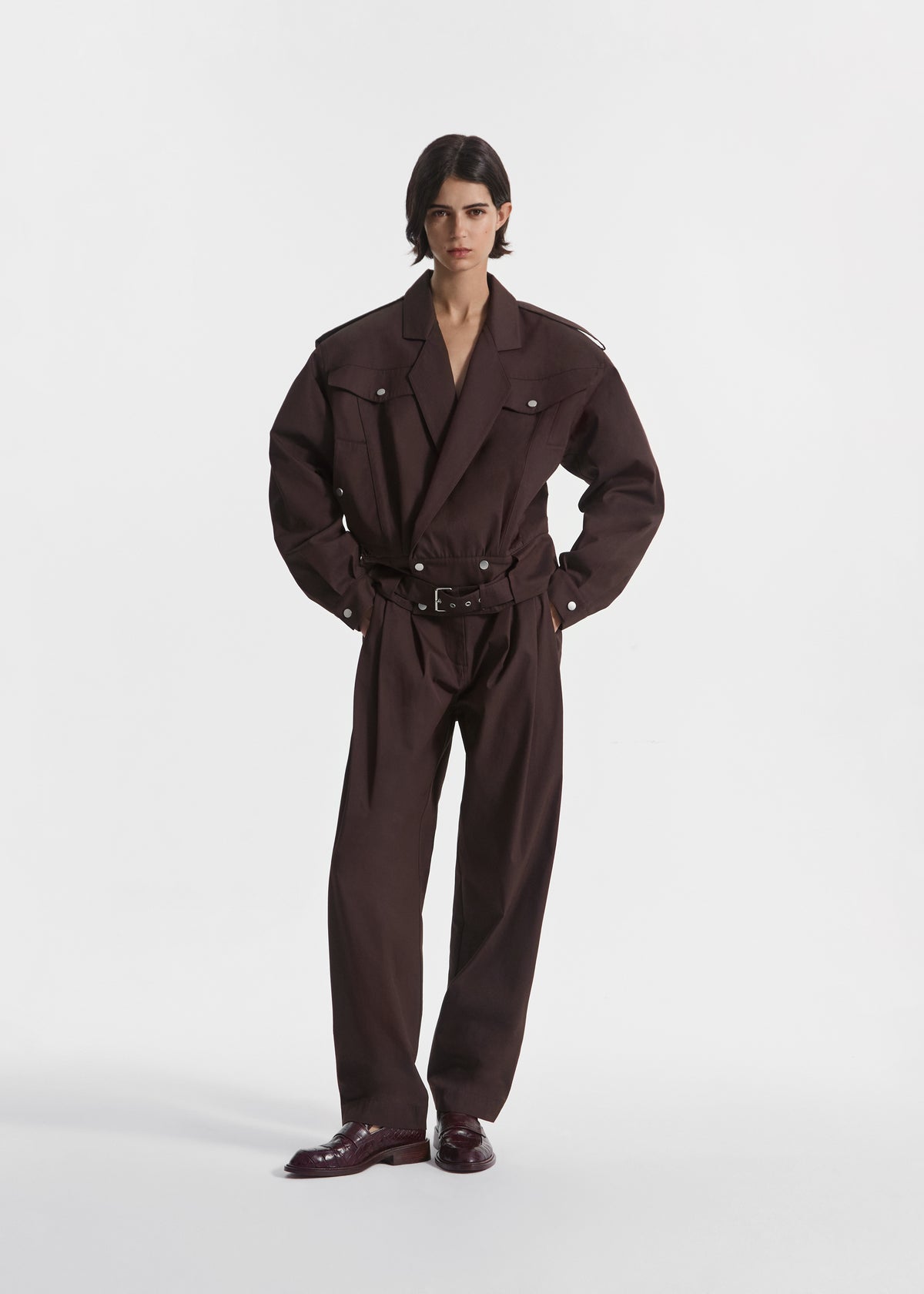 Wide Leg Pleated Pants in Cotton Twill - Chocolate, image 3 of 6