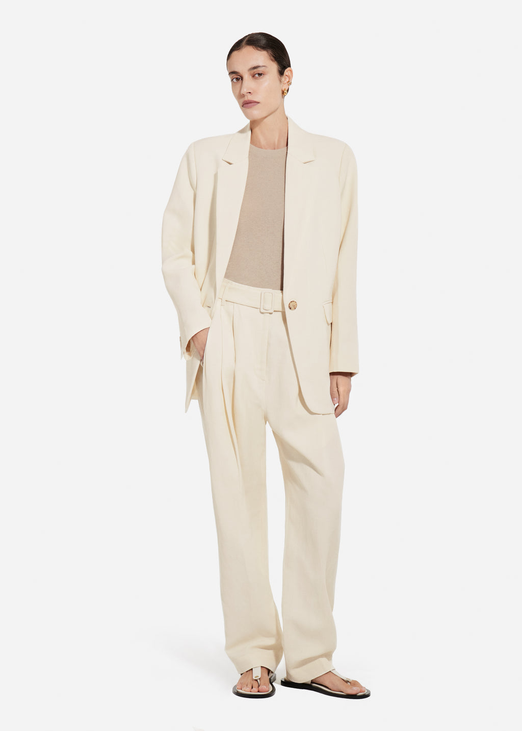 Belted Pleated Pant in Viscose Linen - Pearl - CO