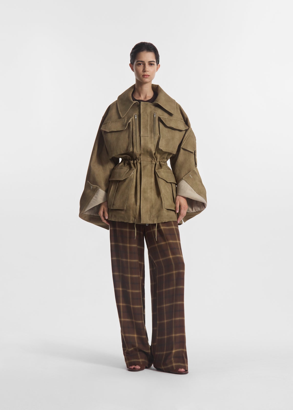 Drawstring Pant in Check Plaid - Chocolate, image 1 of 3