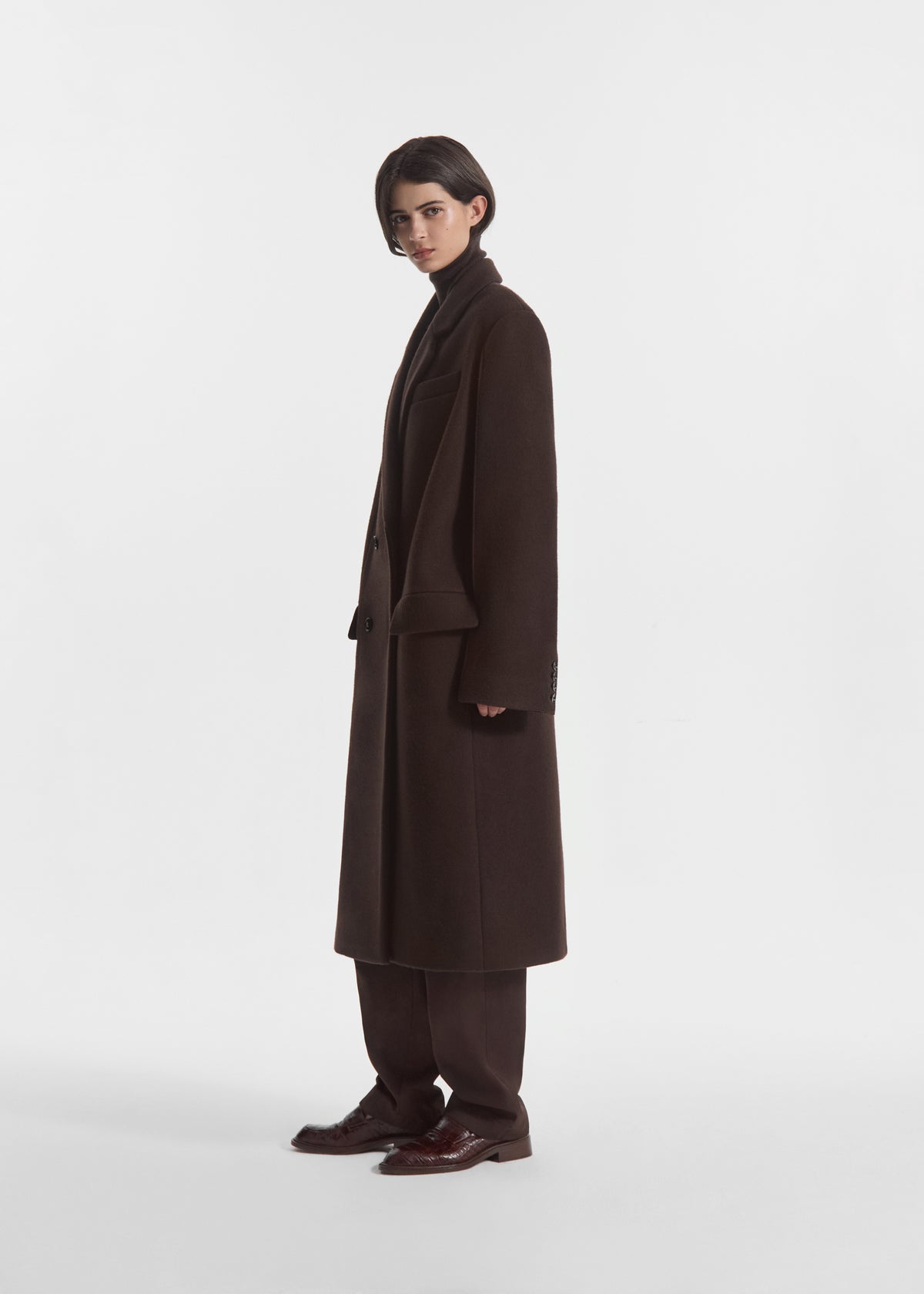 Oversized Double Breasted Coat in Wool - Chocolate, image 4 of 6