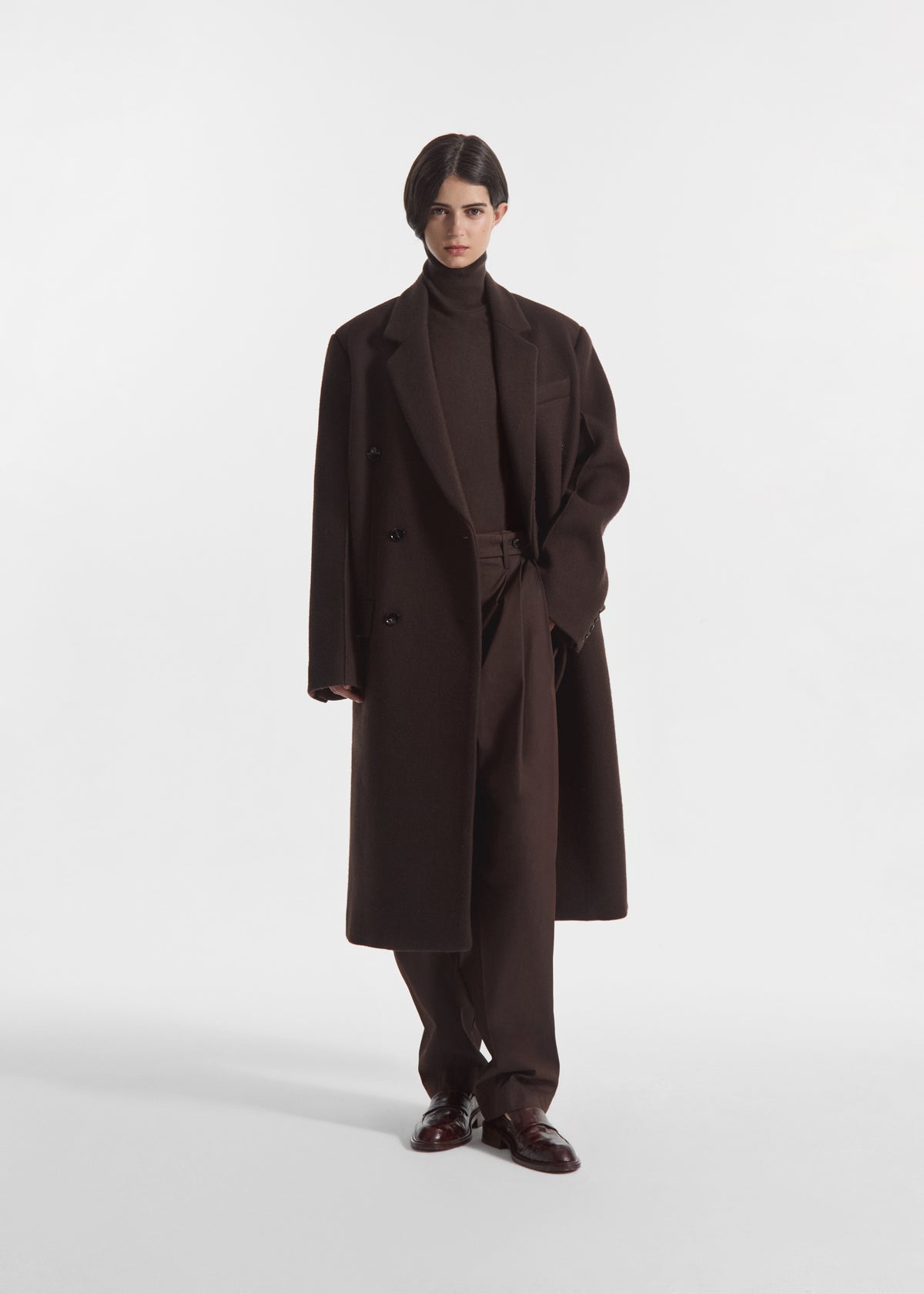 Oversized Double Breasted Coat in Wool - Chocolate, image 1 of 6