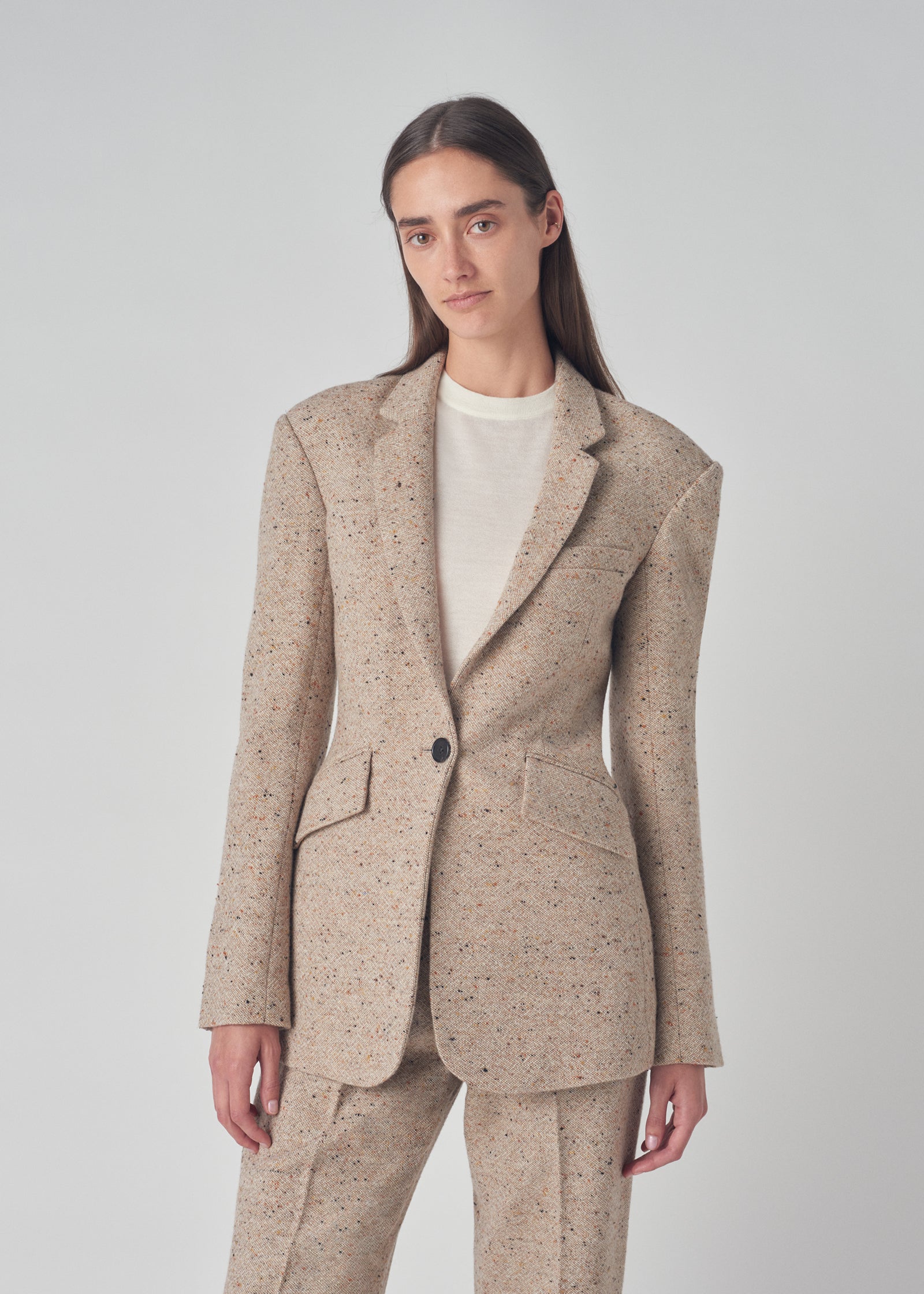 Cinched Blazer in Speckled Wool Suiting - Brown Multi - CO Collections