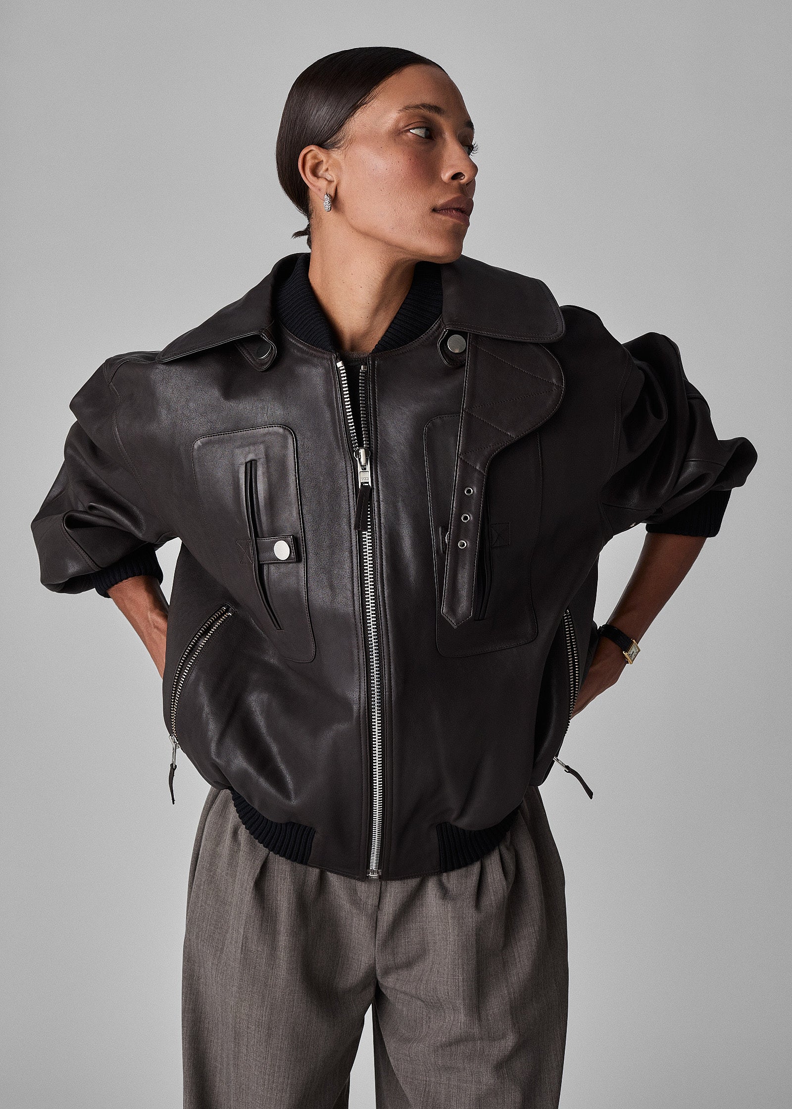 Gathered Bomber in Leather - Chocolate