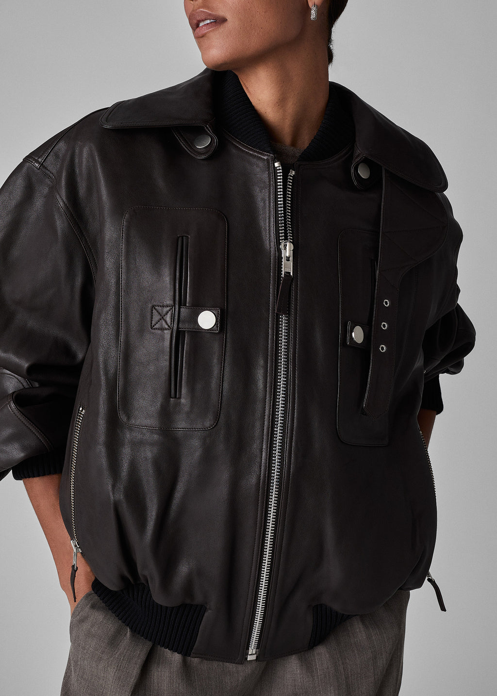 Gathered Bomber in Leather - Chocolate - CO