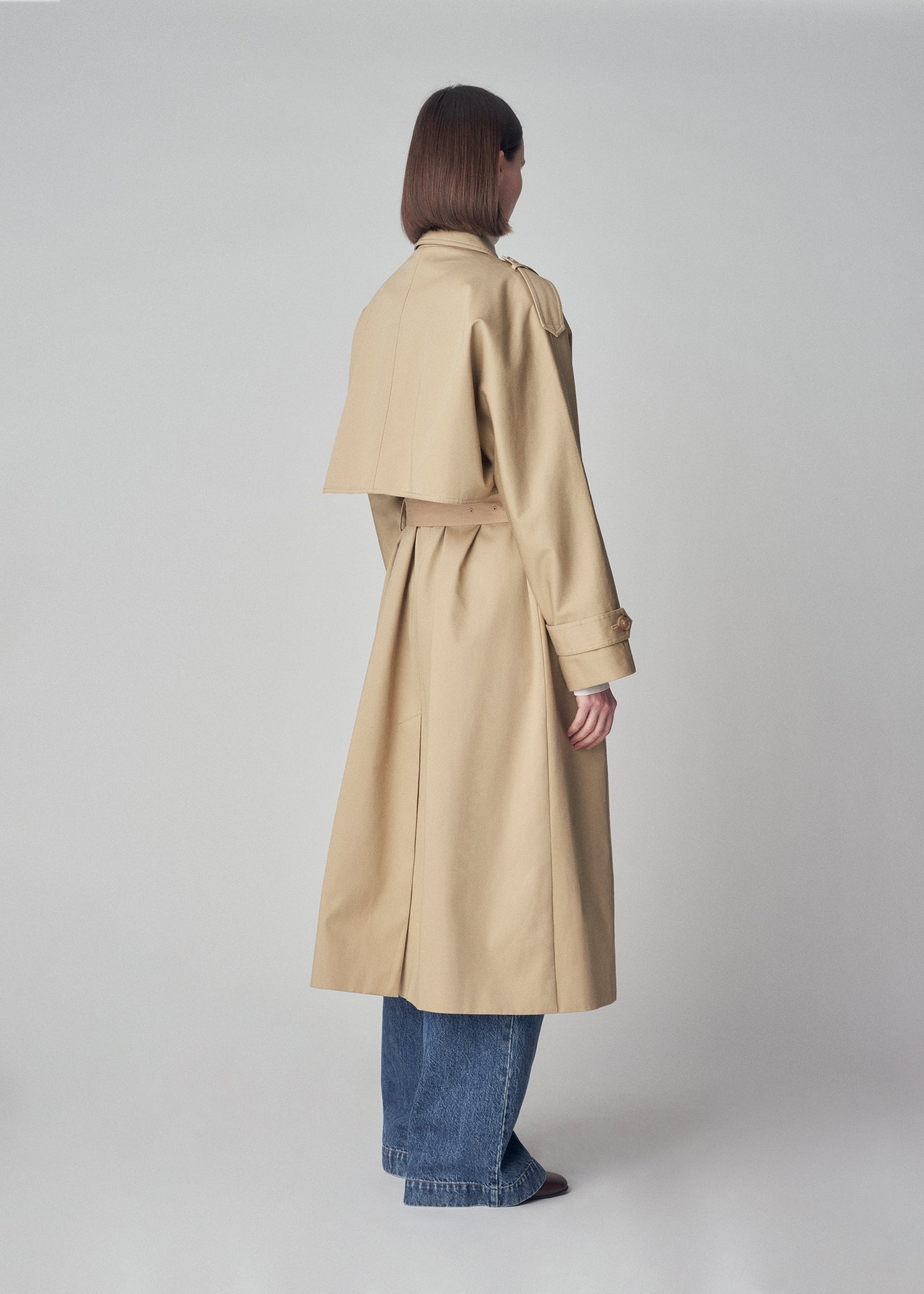 Dropped Shoulder Trench Coat in Cotton - Khaki | CO