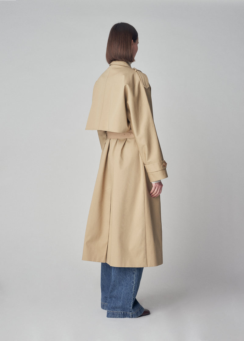Dropped Shoulder Trench Coat in Cotton  - Khaki - CO