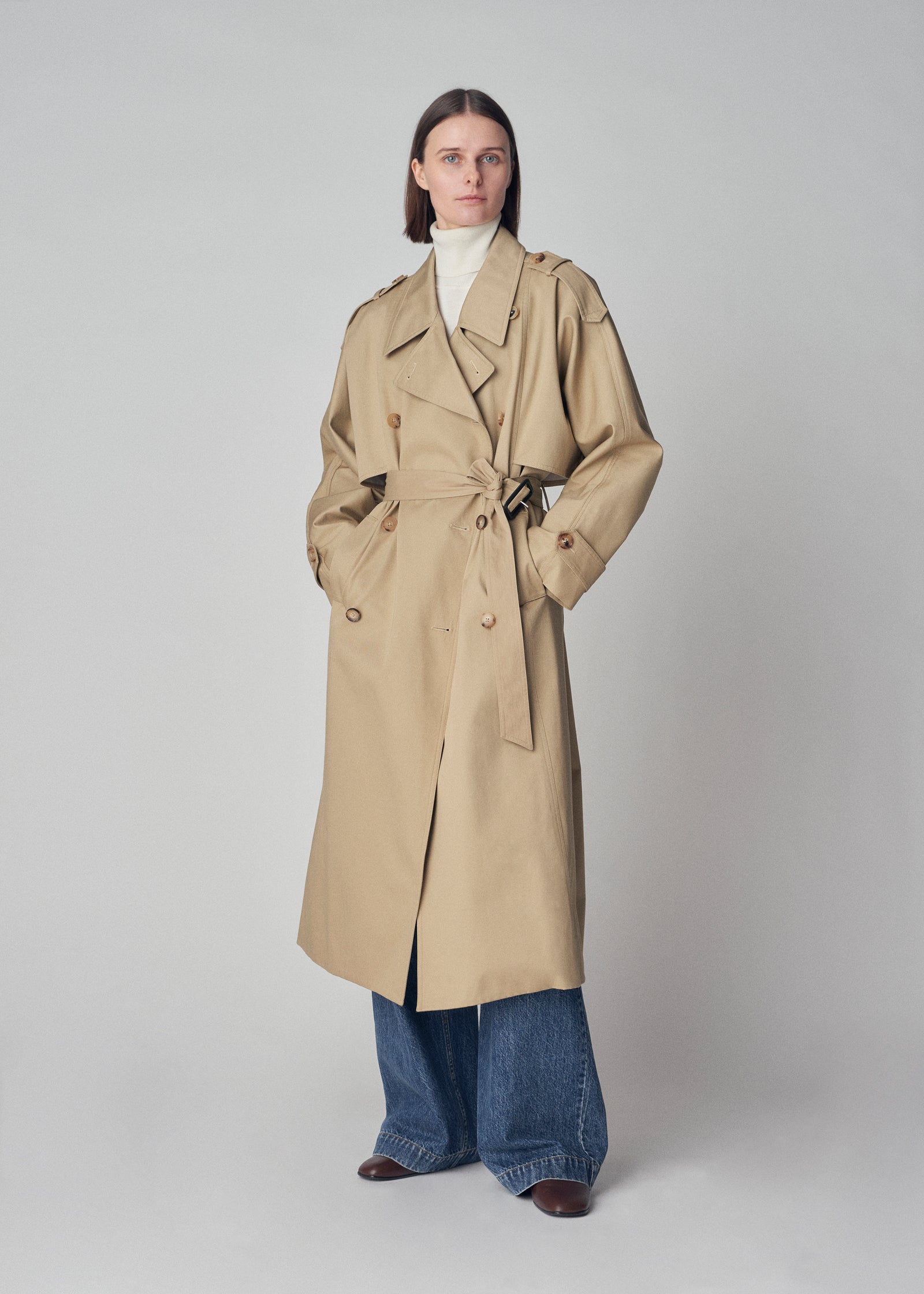 Dropped Shoulder Trench Coat in Cotton - Khaki | CO