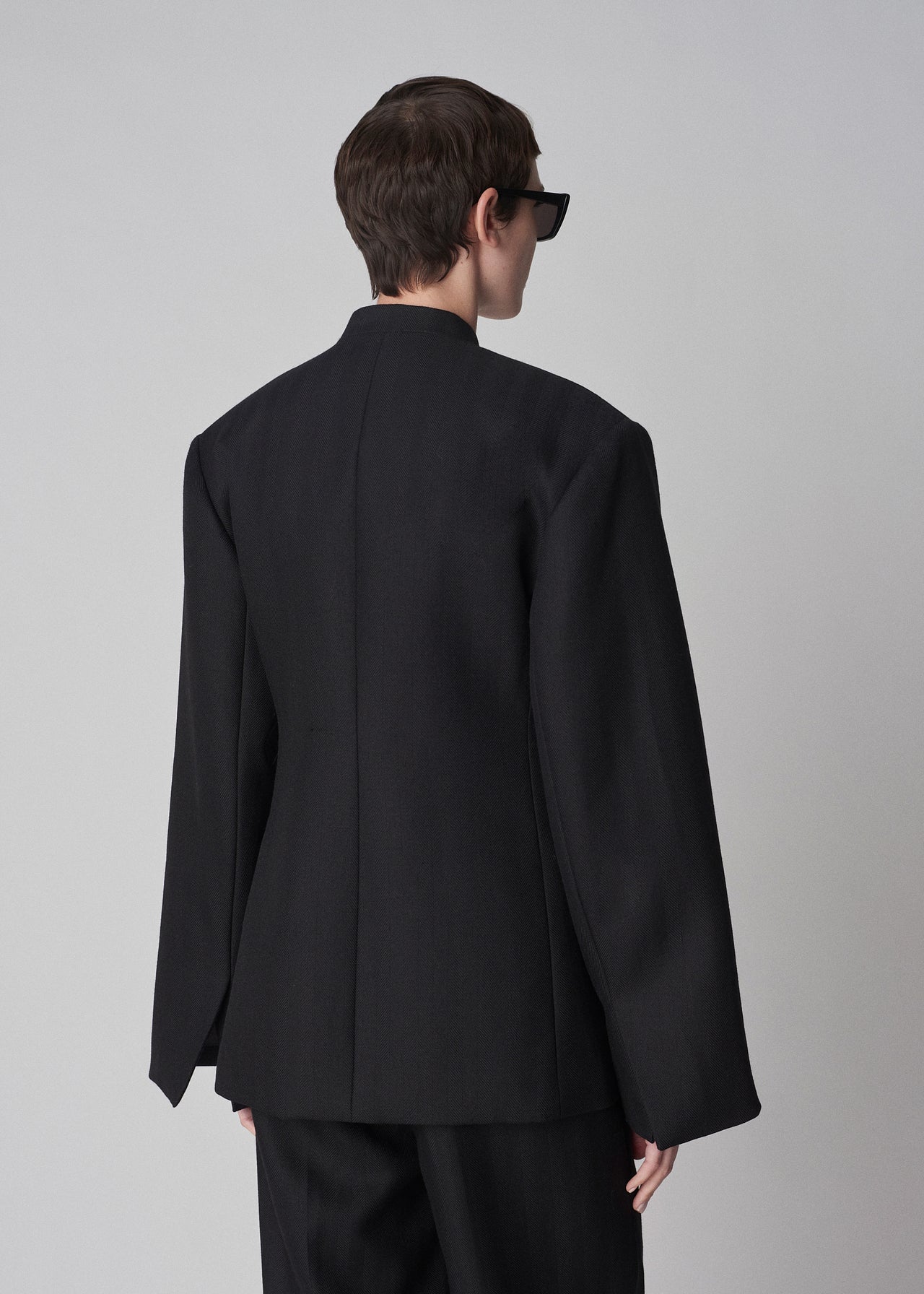 Collarless Blazer in Virgin Wool - Black Herringbone