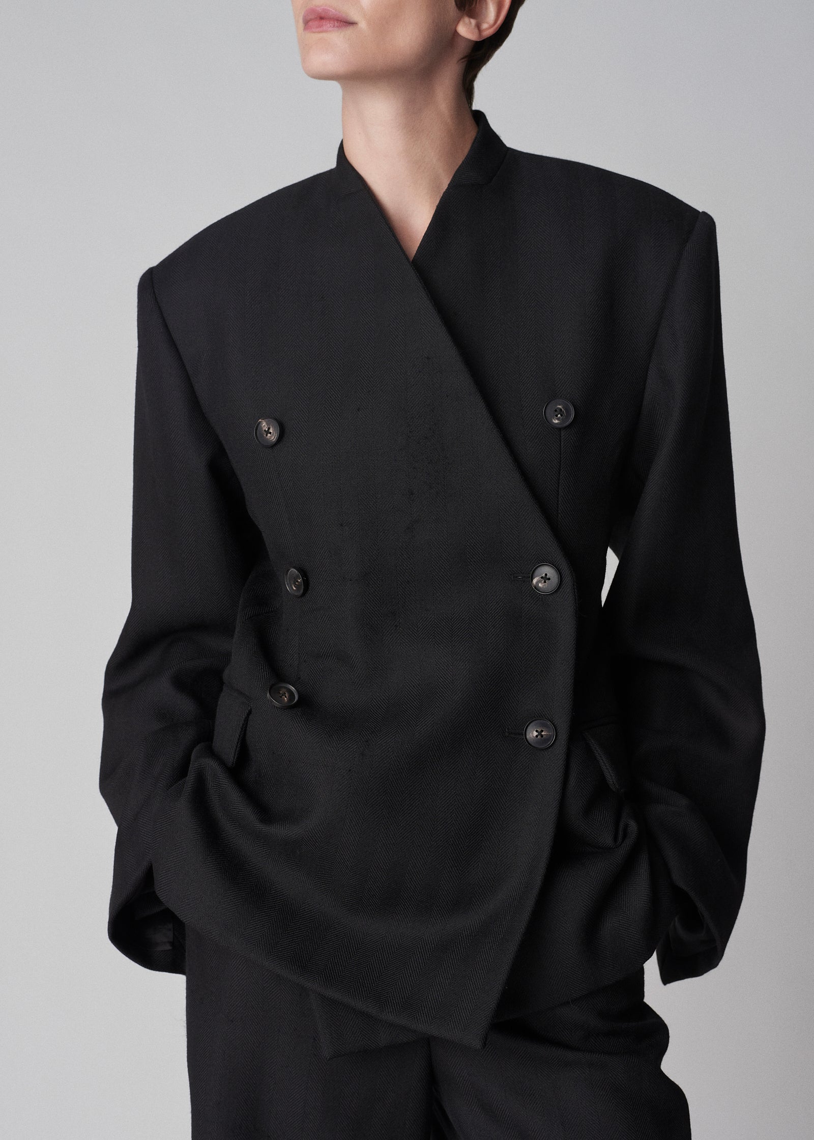 Collarless Blazer in Virgin Wool - Black Herringbone - CO Collections