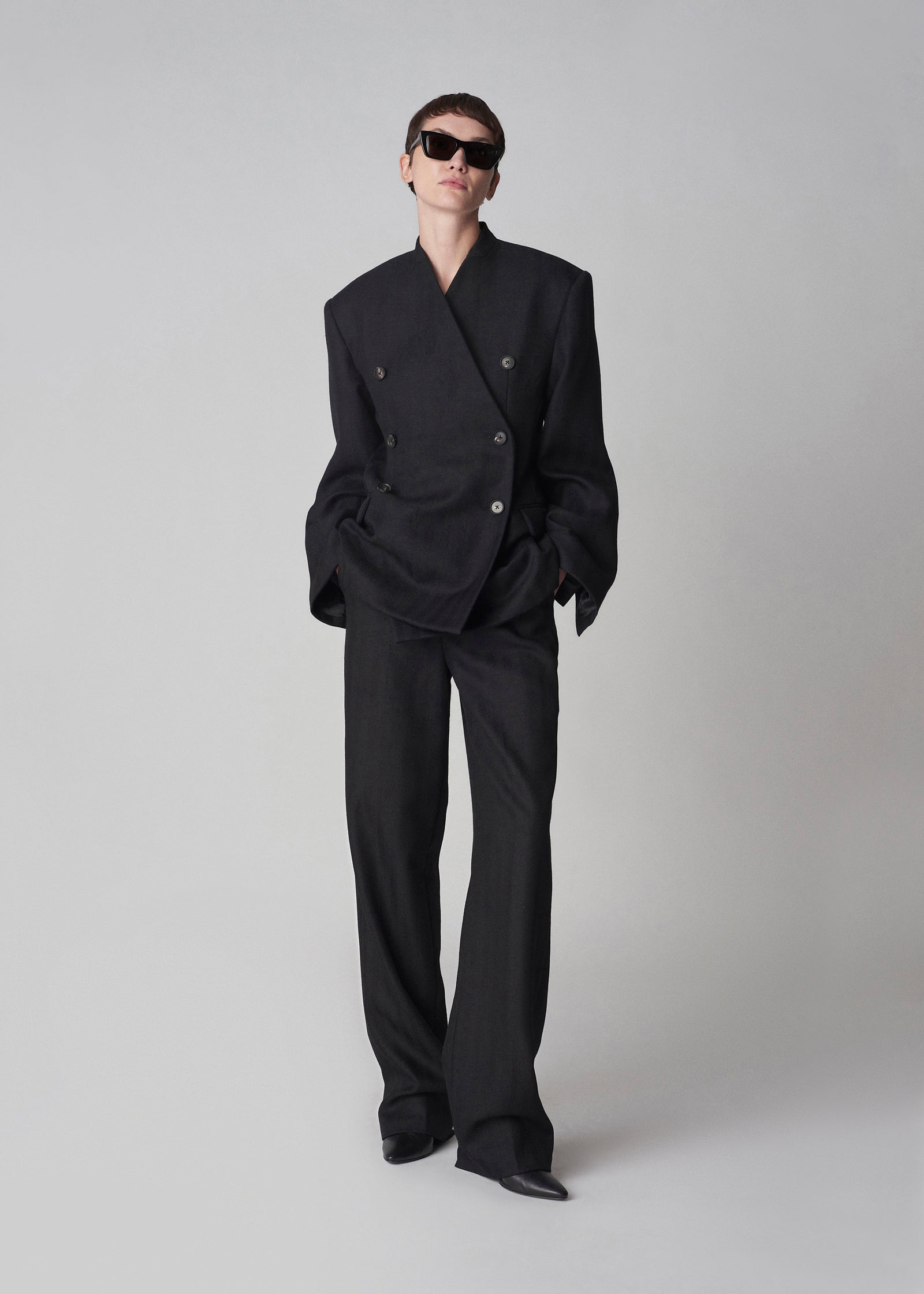 Collarless Blazer in Virgin Wool - Black Herringbone - CO Collections