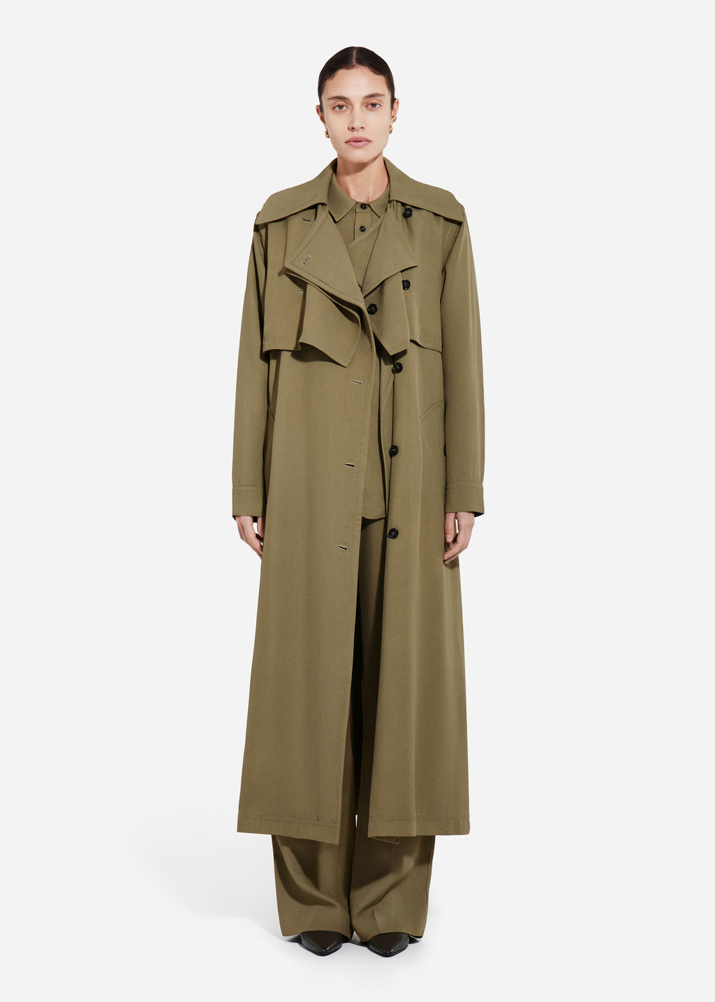 Double Layer Belted Trench in Viscose Twill - Aloe - CO