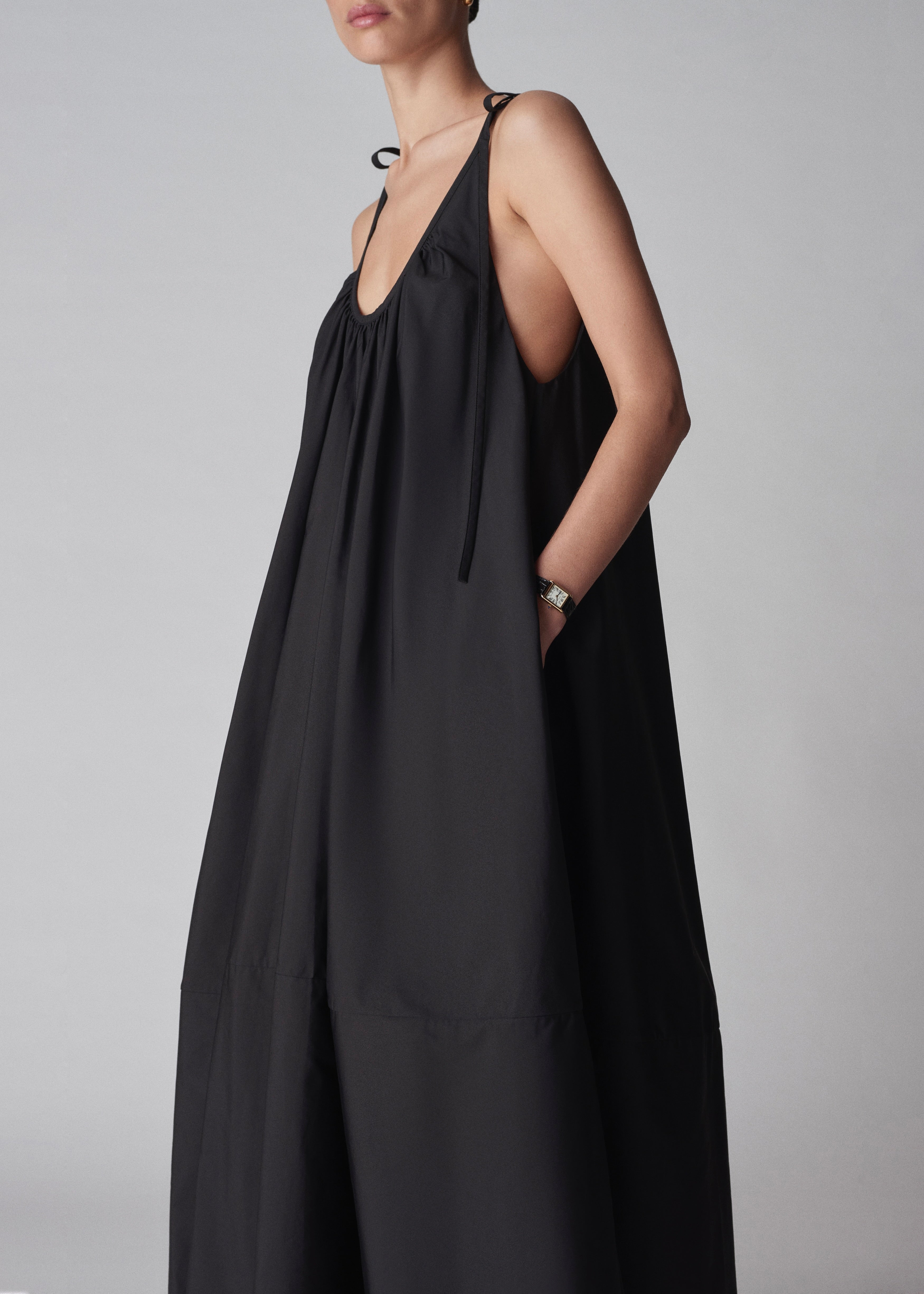 Gathered Halter Dress in Cotton Poplin - Black - CO Collections