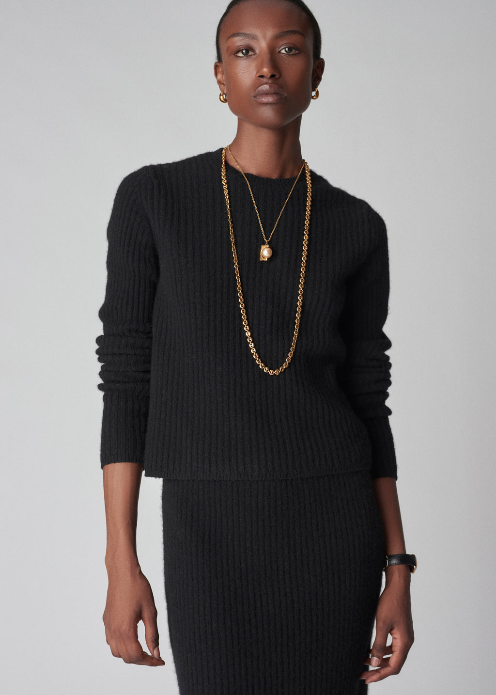 Long Sleeve Sweater Top in Tweed Knit - Black - CO