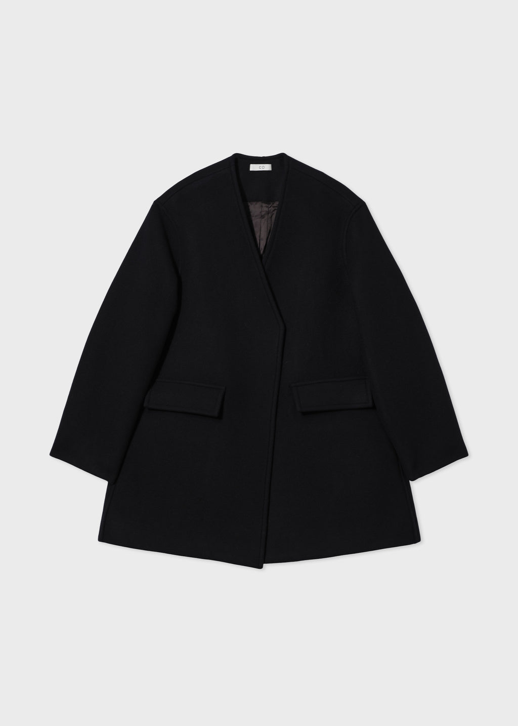 Collarless Coat in Melton Wool - Black - CO