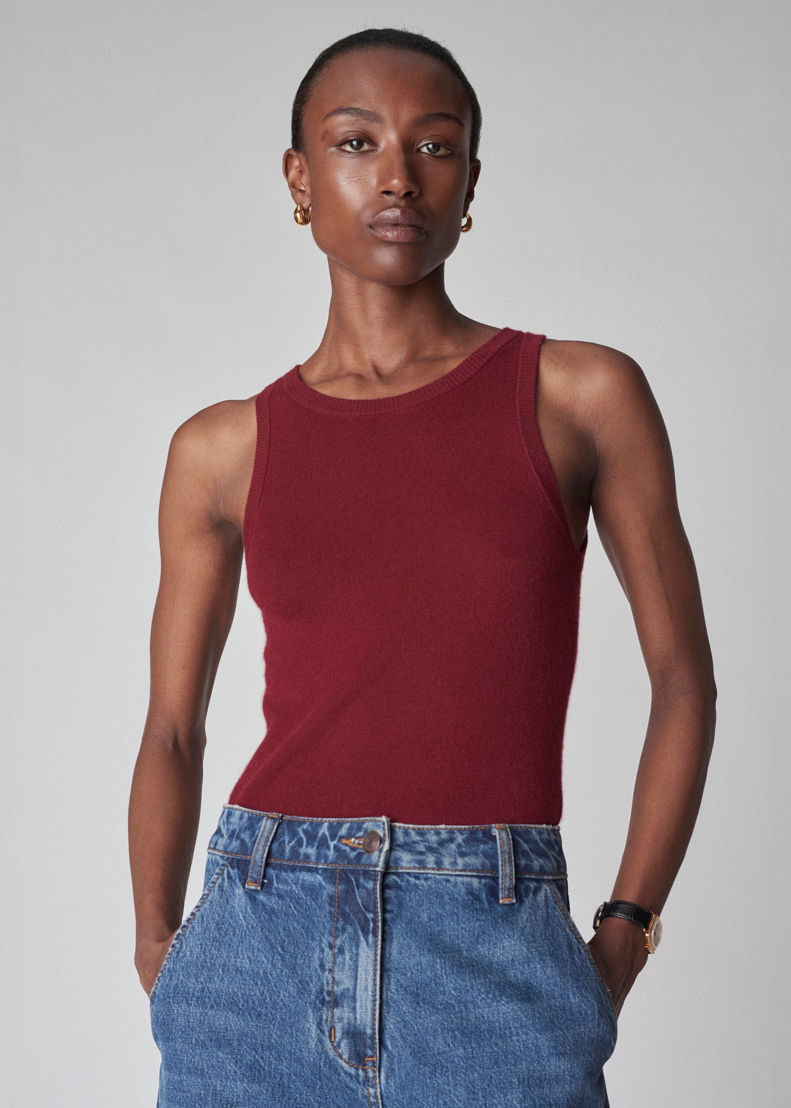 Sleeveless Tank Top in Fine Cashmere - Bordeaux