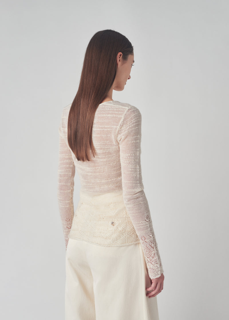 Open Weave Scoop Neck Knit Top in Wool - Ivory - CO