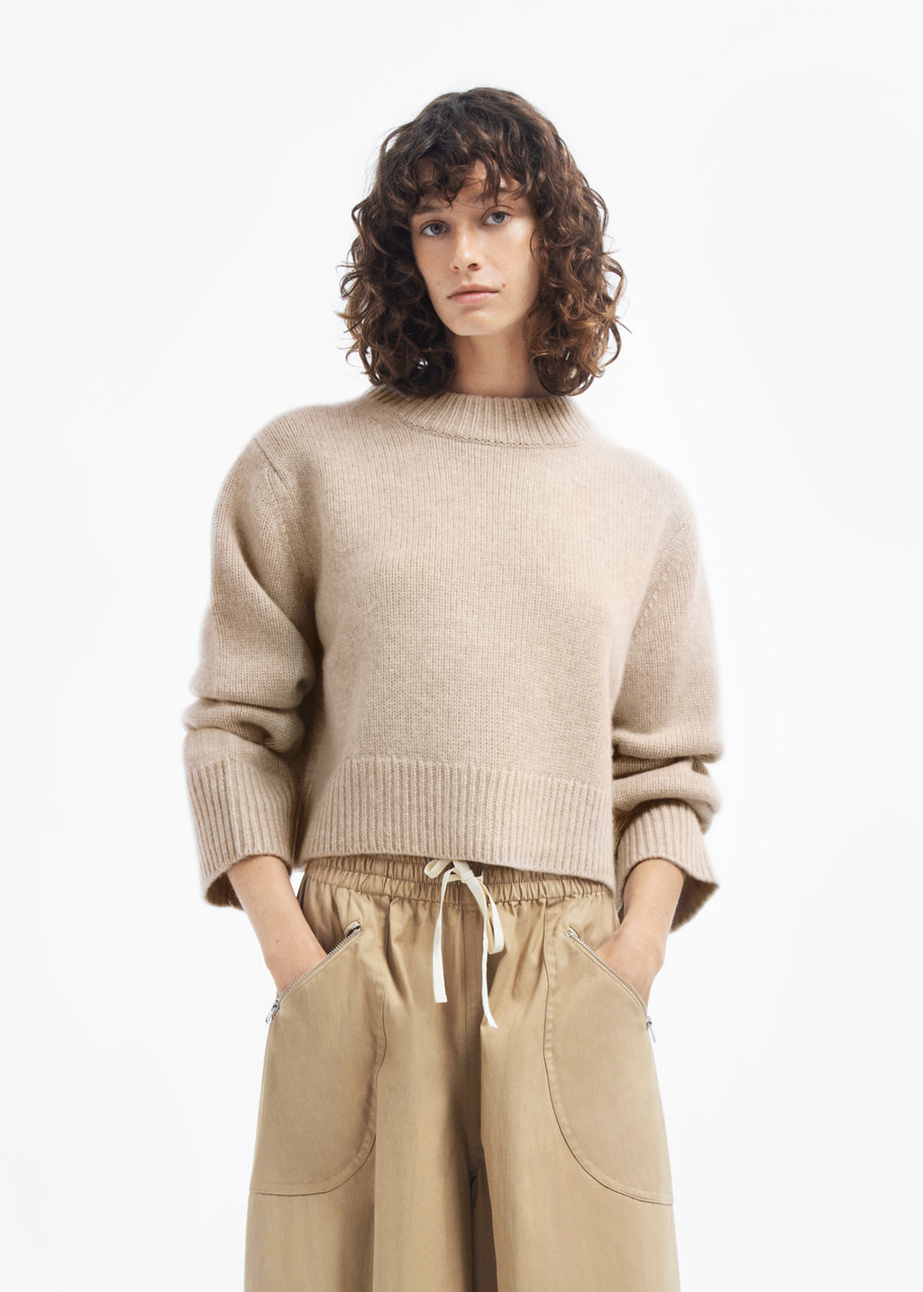 Cropped Oversized Sweater in Cashmere - Beige Melange - CO