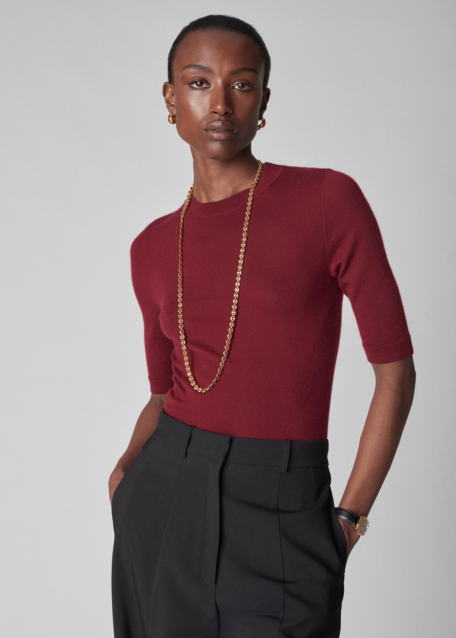 Short Sleeve Knit Top in Fine Cashmere - Bordeaux