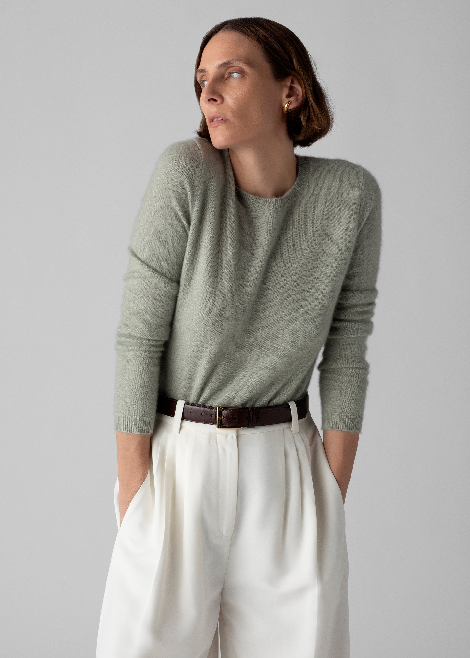 Long Sleeve Crew  in Silk Cashmere  - Light Green - CO