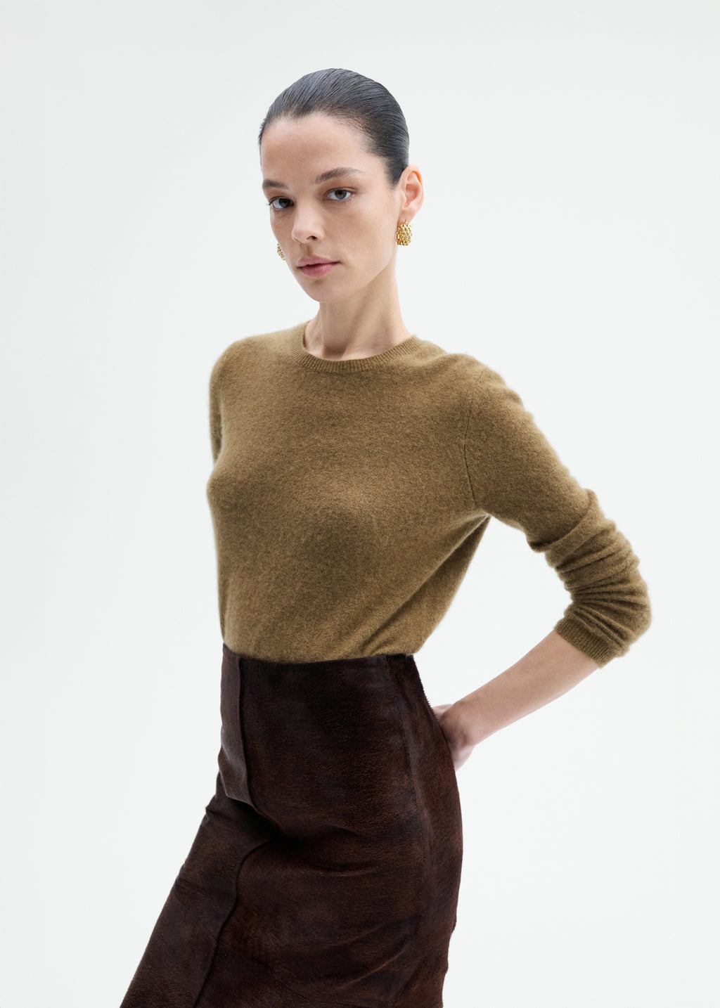 Long Sleeve Crew Sweater in Silk Cashmere - Tapenade - CO