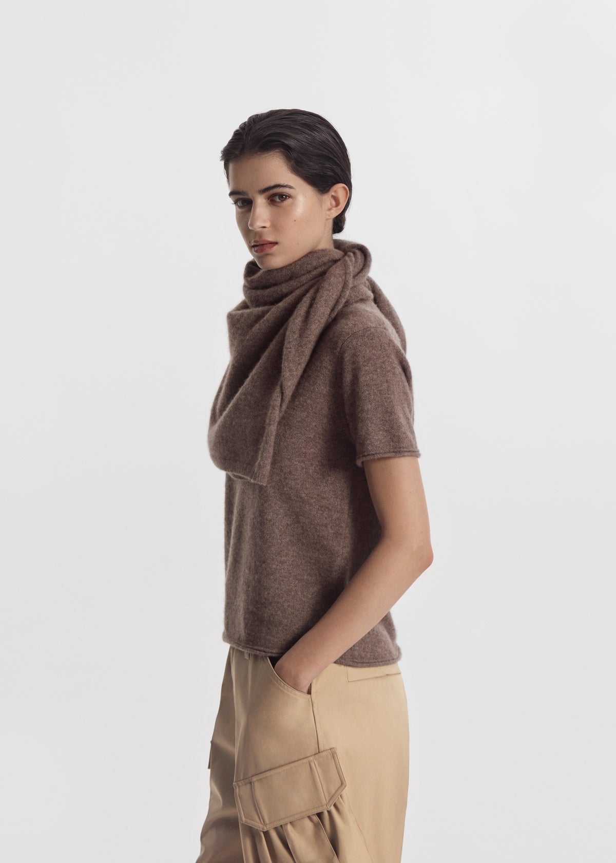Short Sleeve T-Shirt in Cashmere Silk - Hazelnut, image 3 of 5