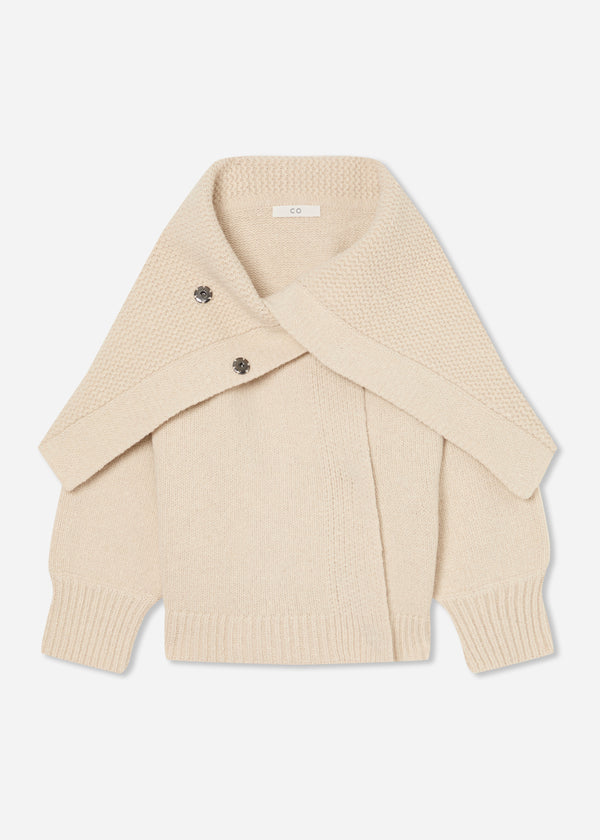 Funnel Neck Knit Cardigan in Wool Cashmere - Ivory - CO