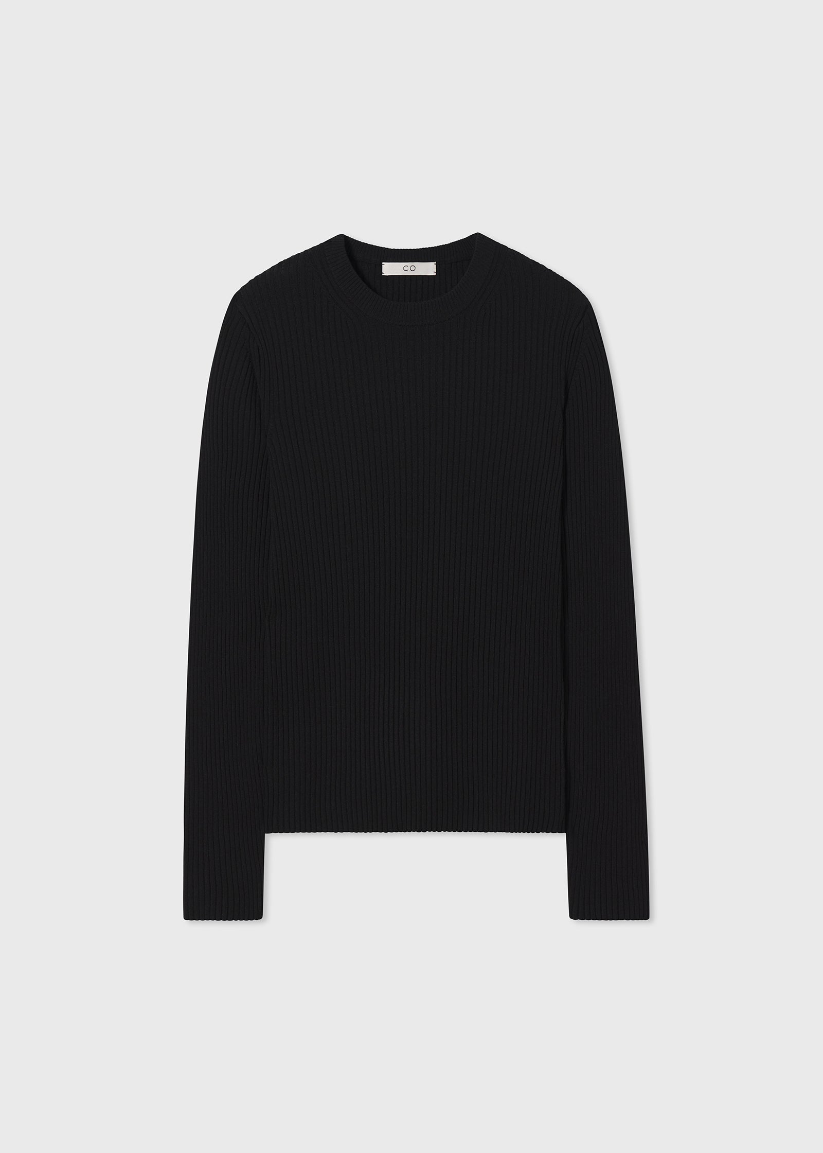 Ribbed Crew Neck Long Sleeve Knit Top in Viscose -  Black - CO Collections