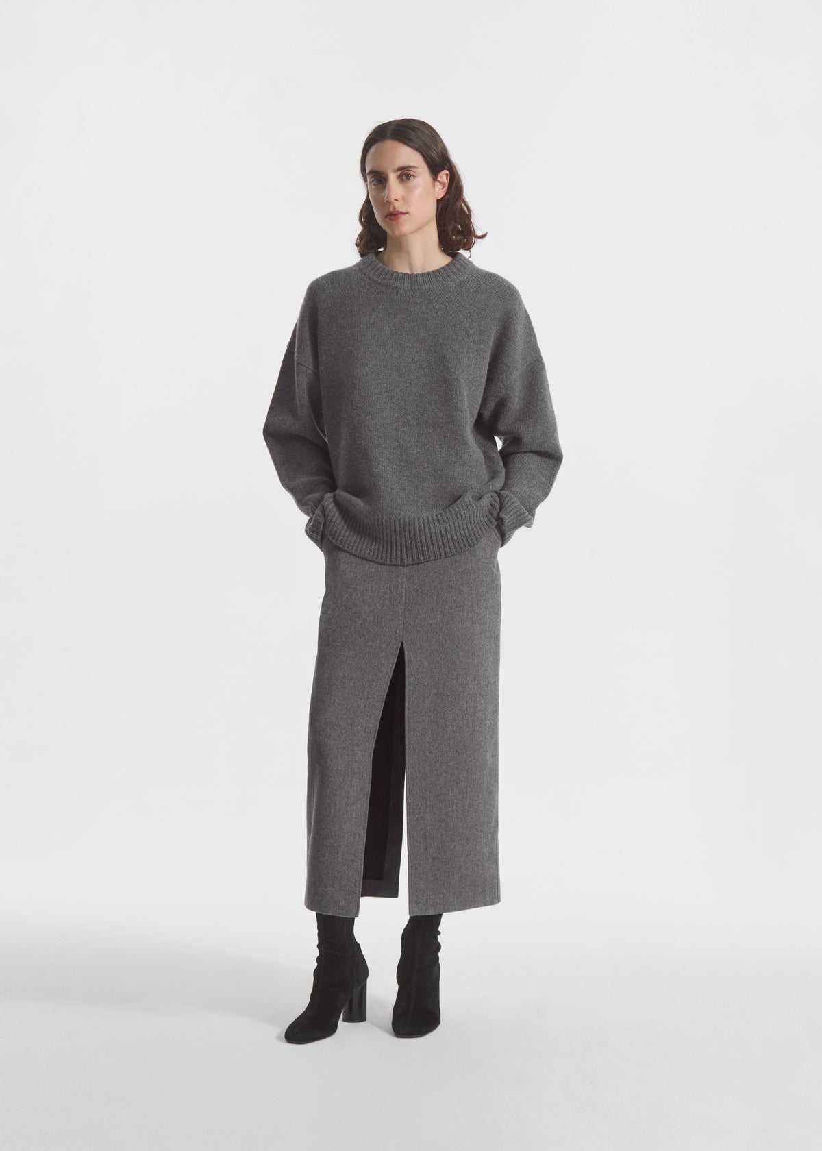 Tailored Pencil Skirt in Wool Cashmere - Grey Melange, image 1 of 3
