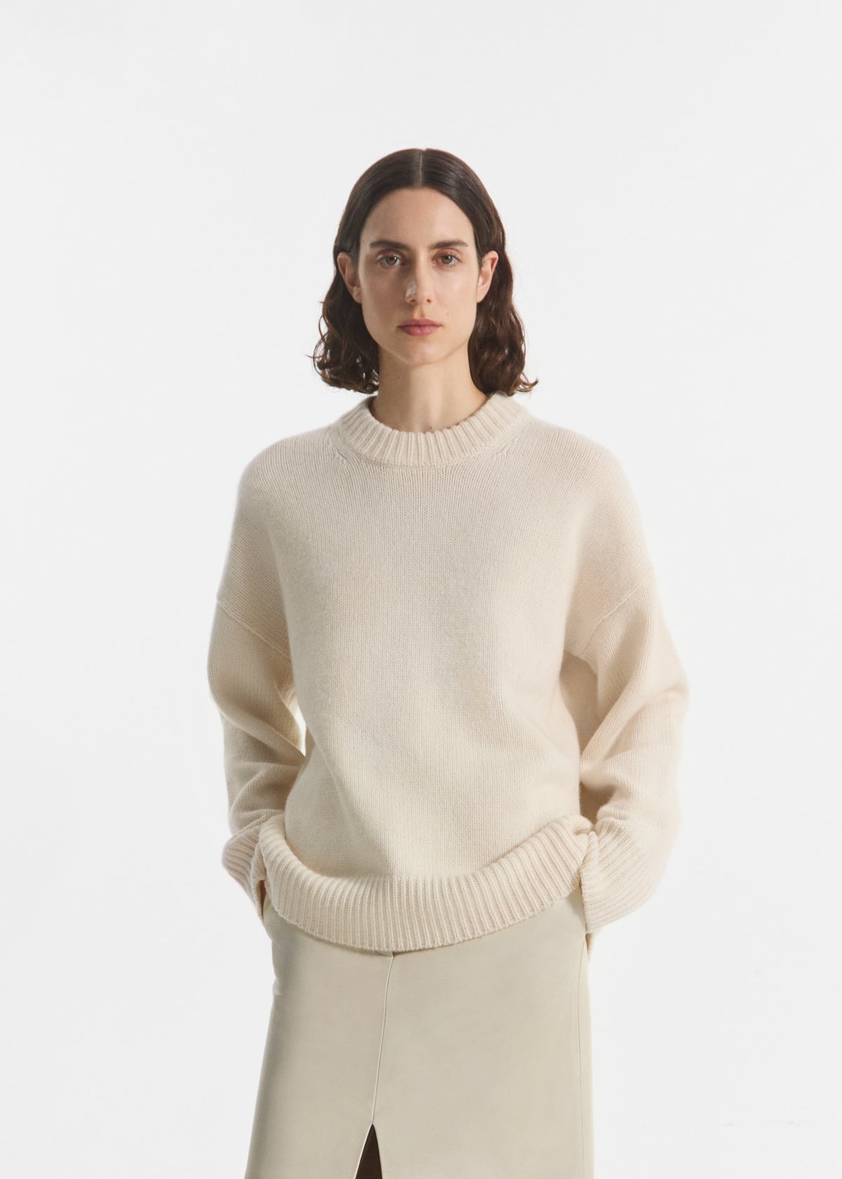 Boyfriend Crew Sweater in Wool Cashmere - Ivory, image 1 of 4